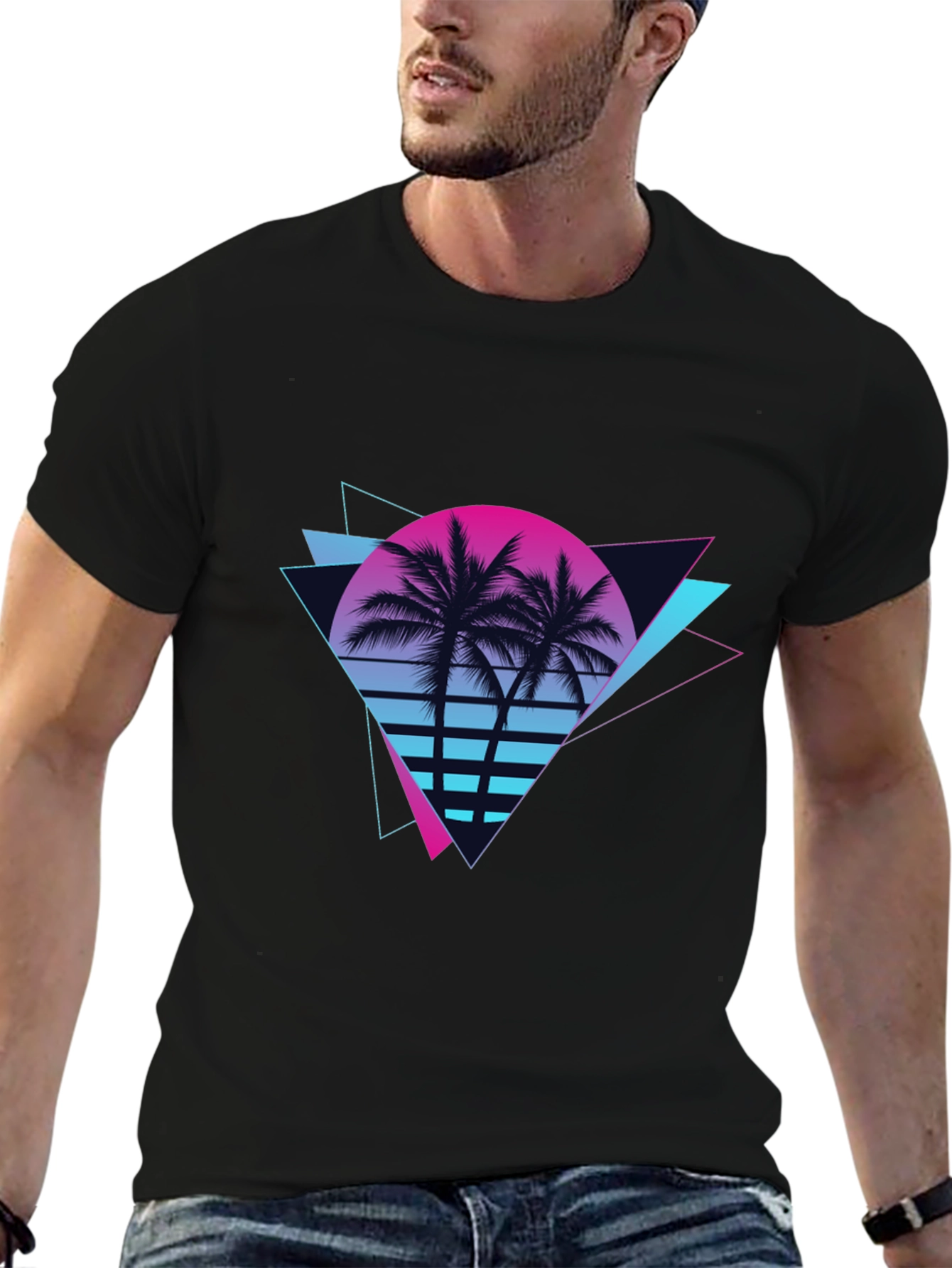 Retro Sunset Palm Tree Black T-Shirt