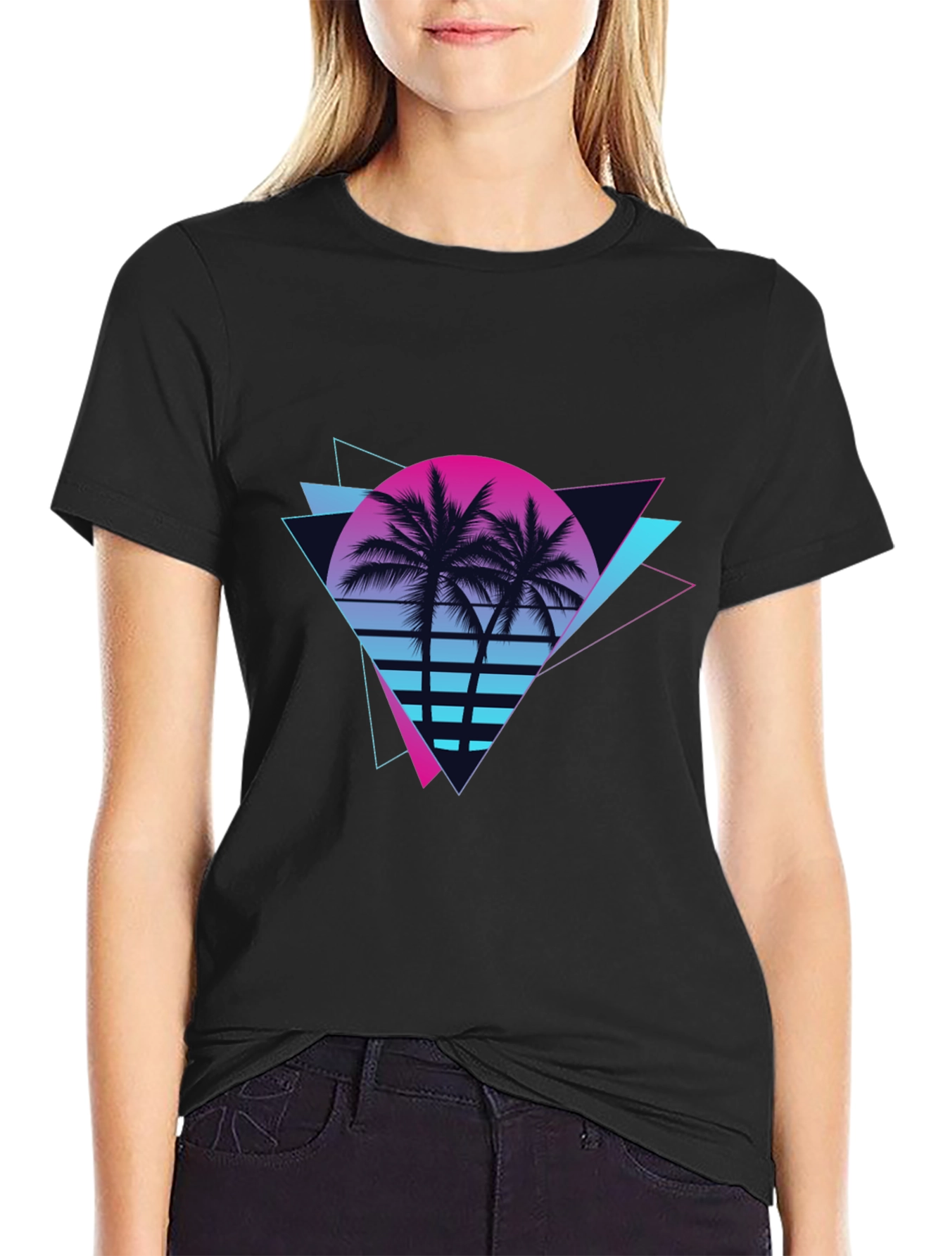 Retro Sunset Palm Tree Black T-Shirt