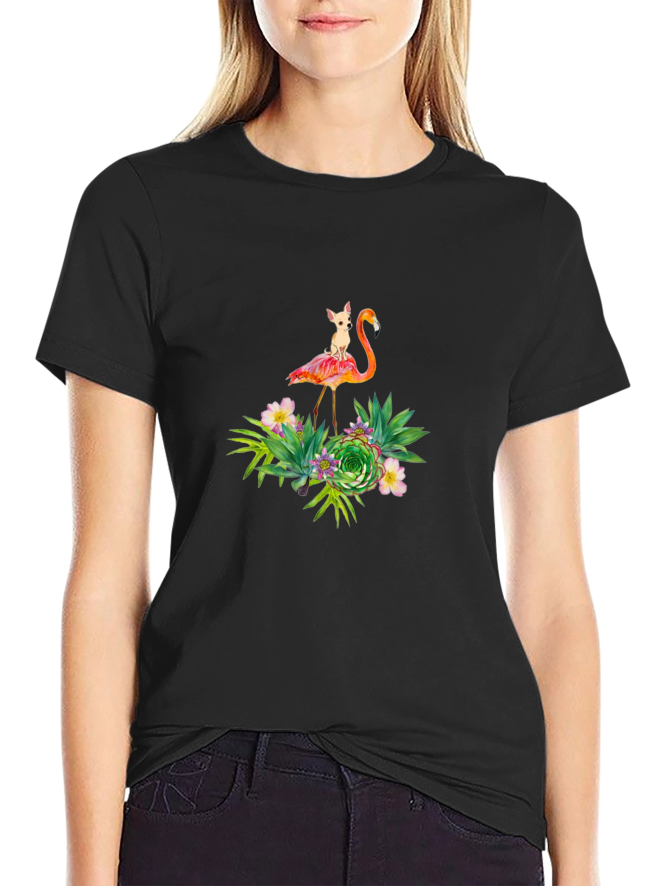 Flamingo Dog Graphic Black T-Shirt