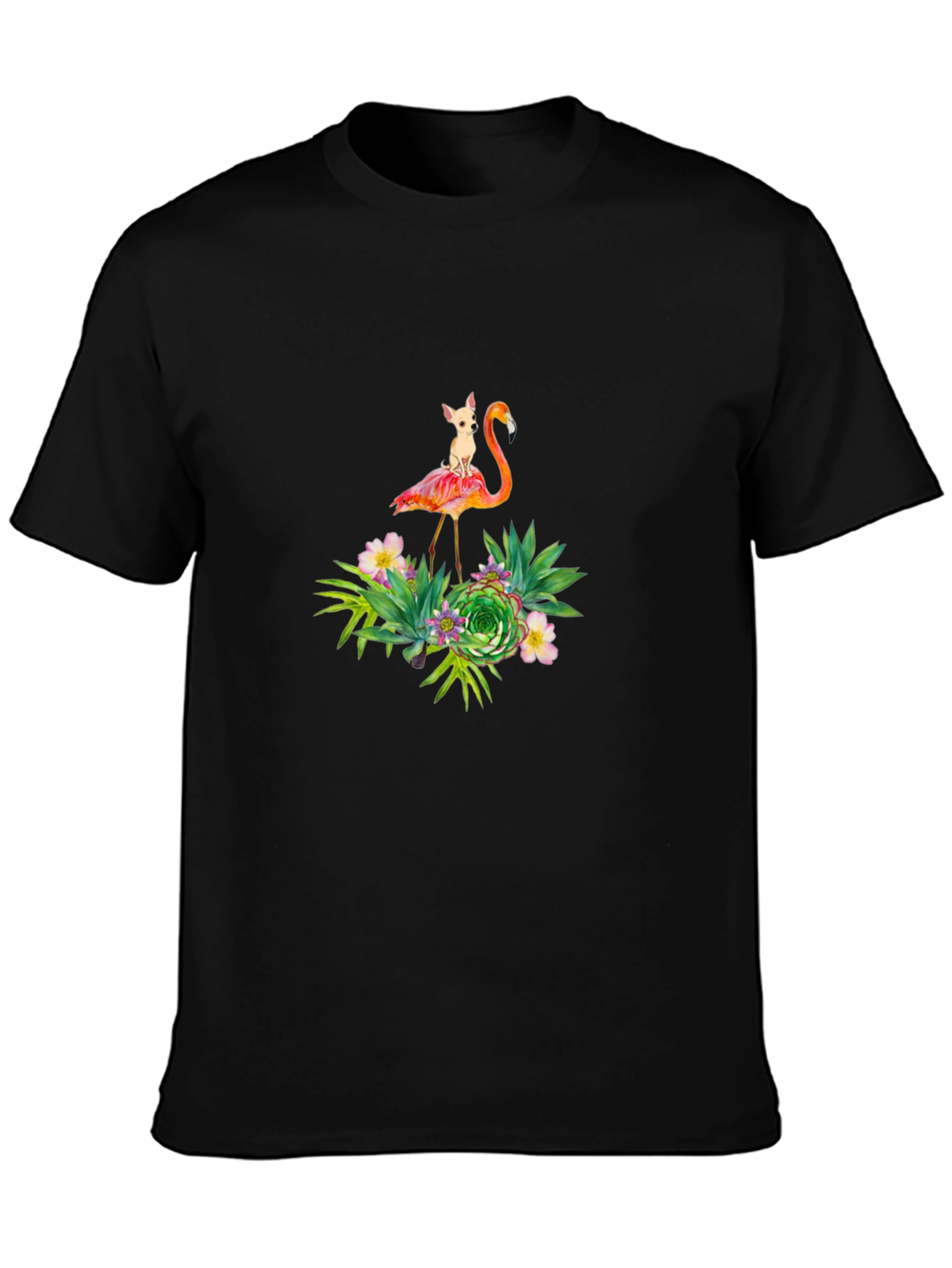 Flamingo Dog Graphic Black T-Shirt