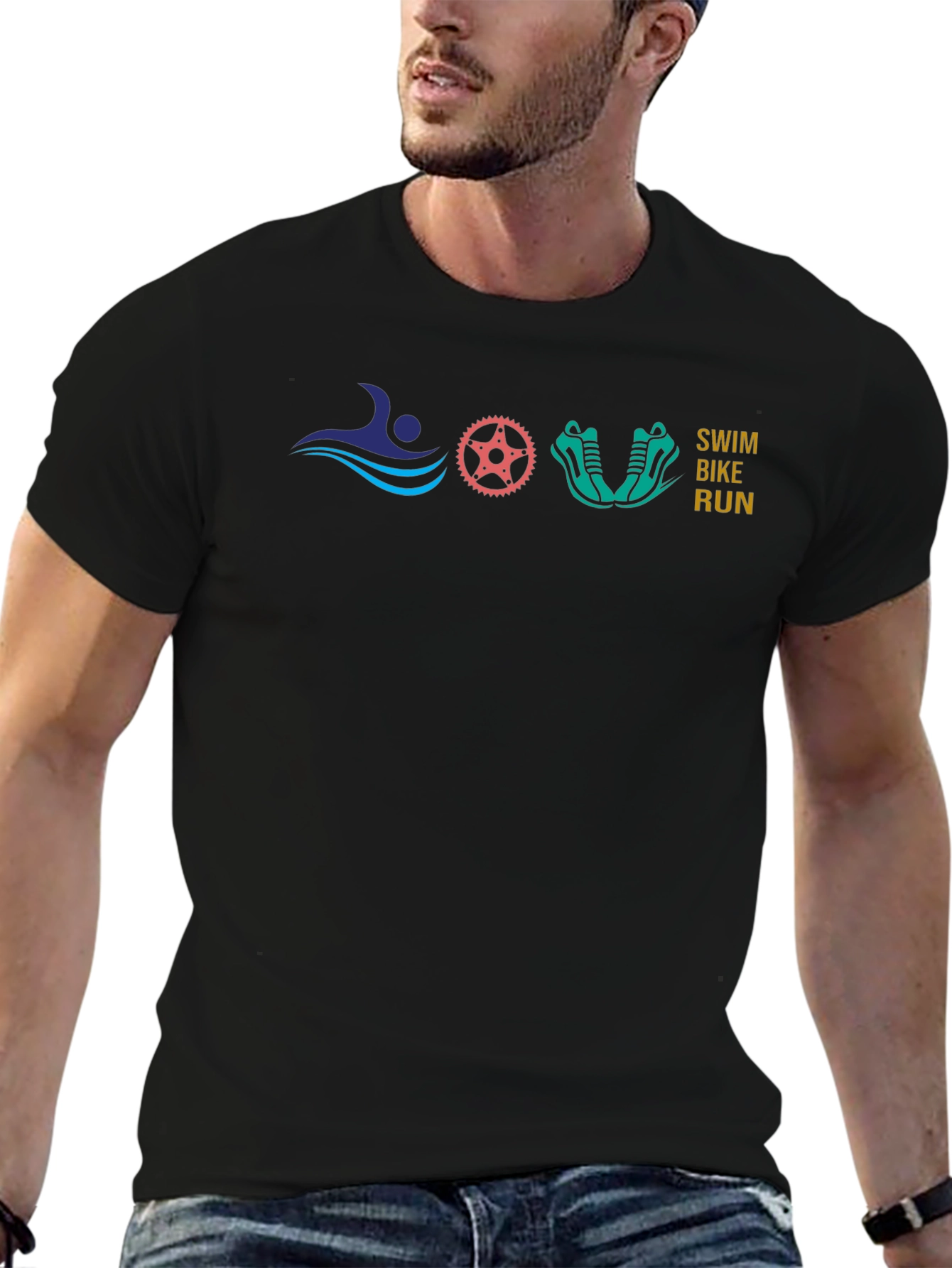 Swim Bike Run Black T-Shirt Triathlon Design