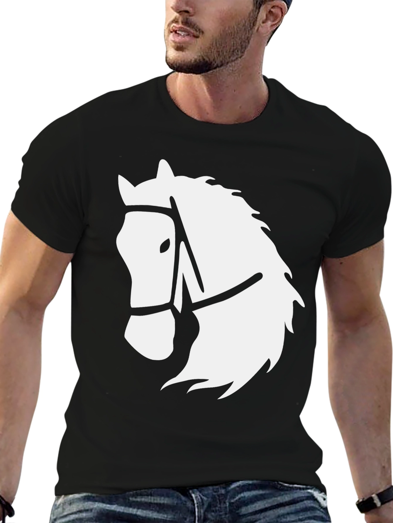 Black T-Shirt with White Horse Head Graphic