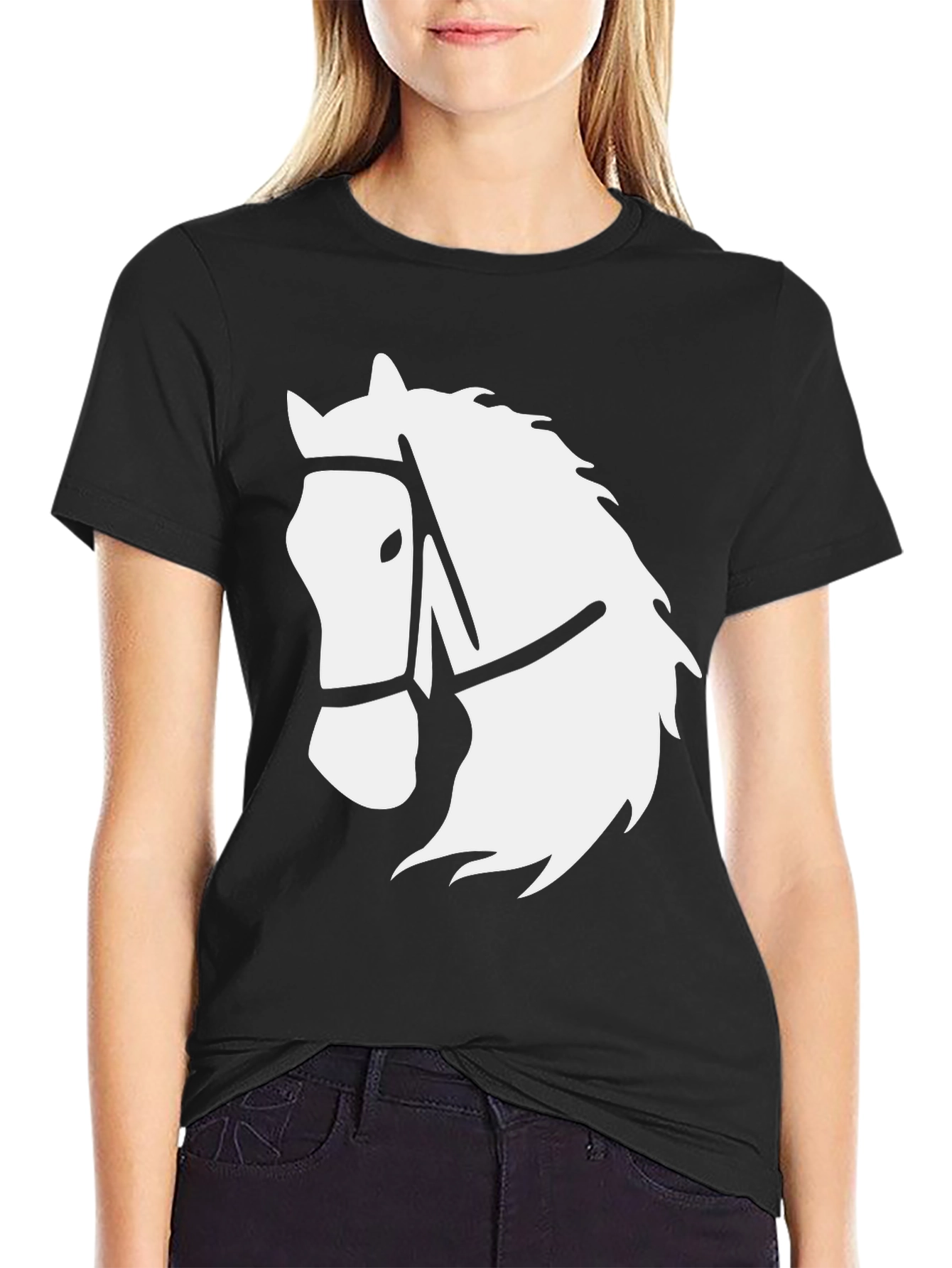 Black T-Shirt with White Horse Head Graphic
