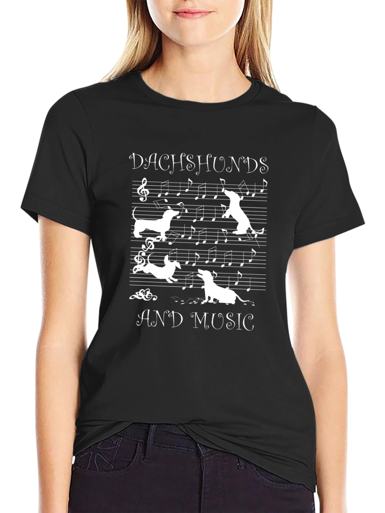 Dachshunds and Music T-Shirt Black Cotton Short Sleeve