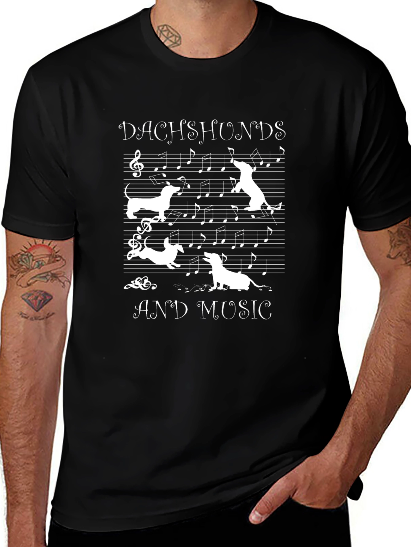 Dachshunds and Music T-Shirt Black Cotton Short Sleeve