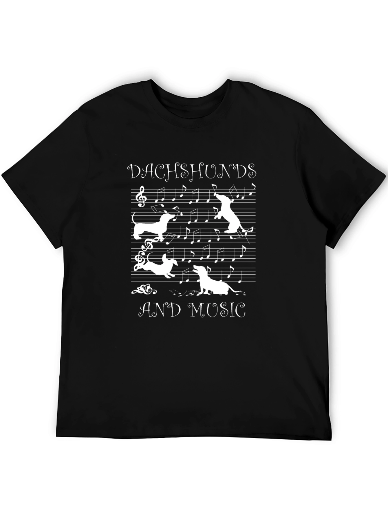 Dachshunds and Music T-Shirt Black Cotton Short Sleeve