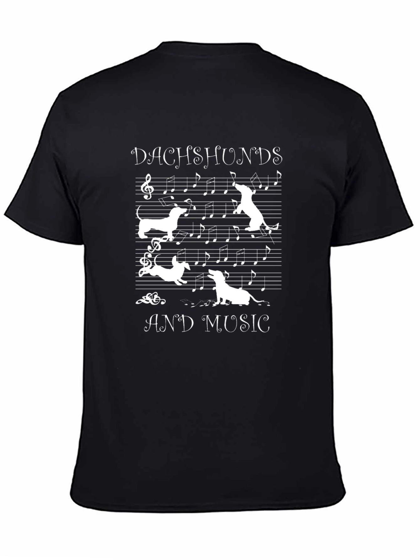 Dachshunds and Music T-Shirt Black Cotton Short Sleeve