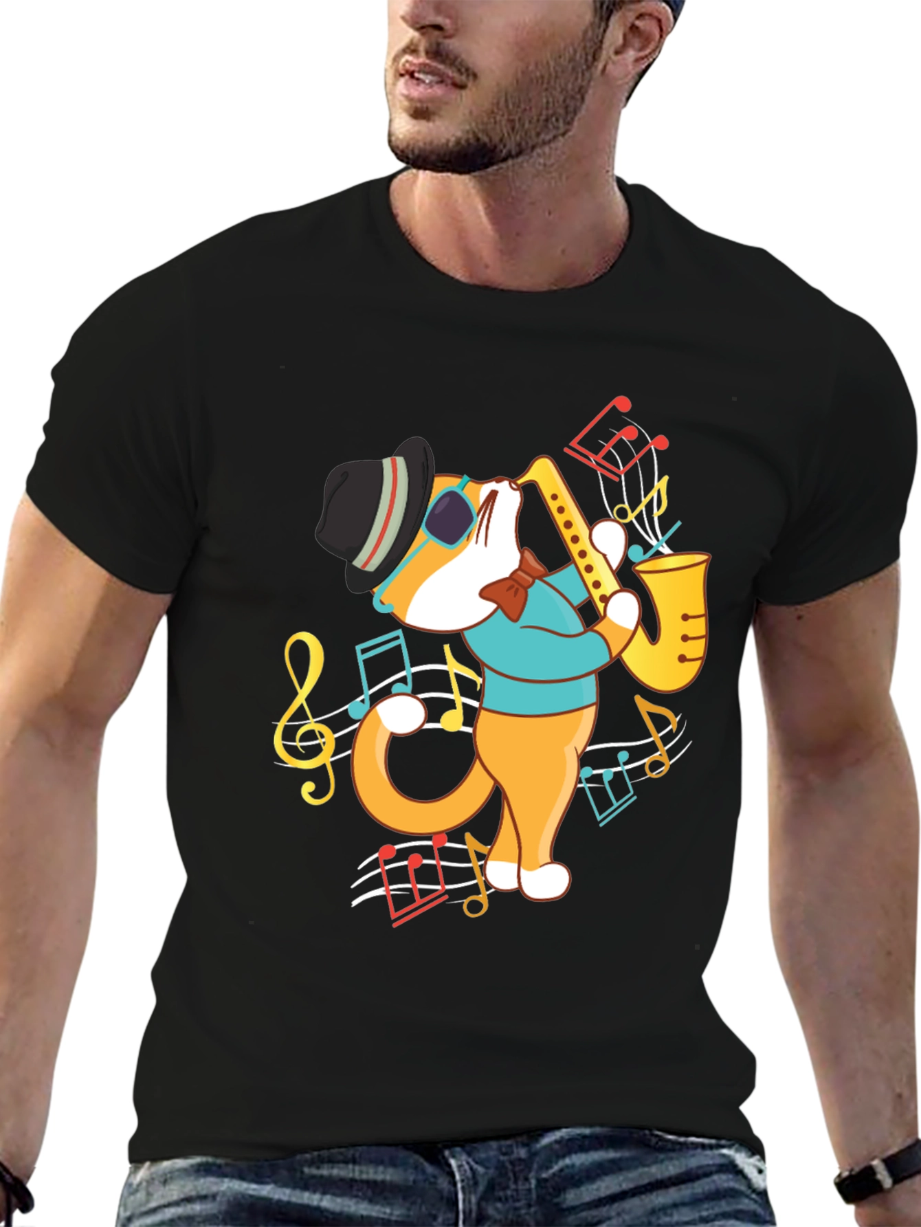 Cool Cat Saxophone Player Graphic T-Shirt
