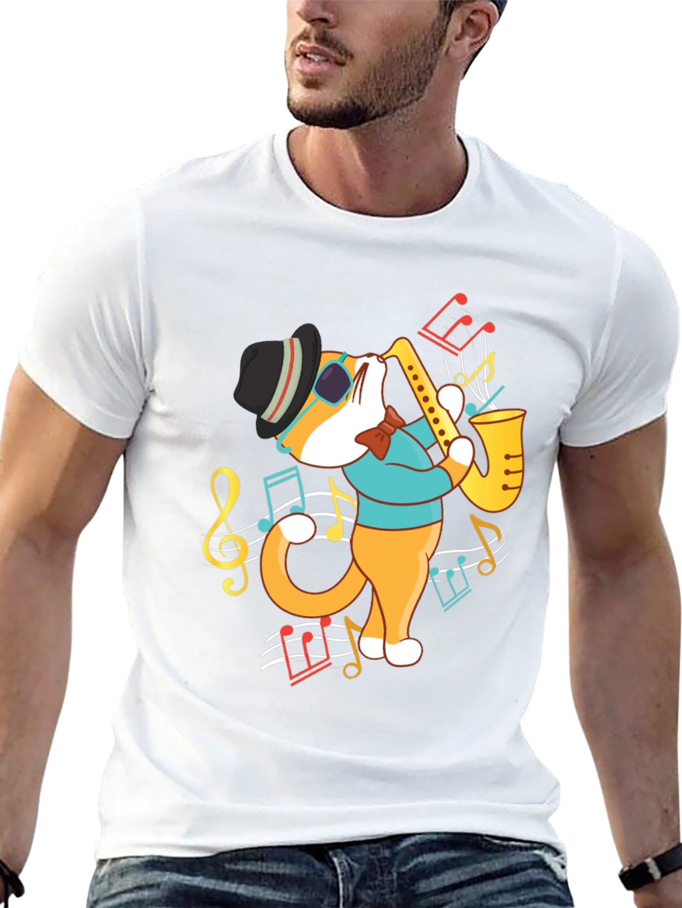 Cool Cat Saxophone Player Graphic T-Shirt