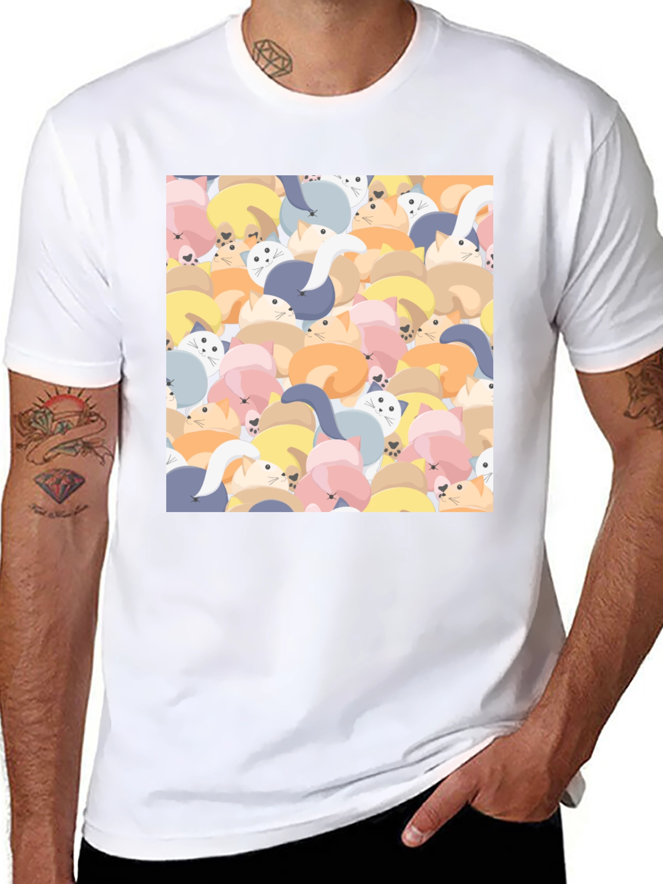 Cute Cat Print Black T-Shirt