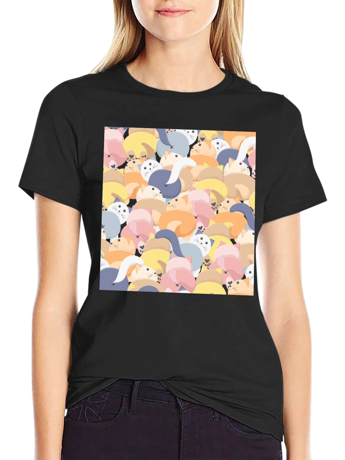 Cute Cat Print Black T-Shirt