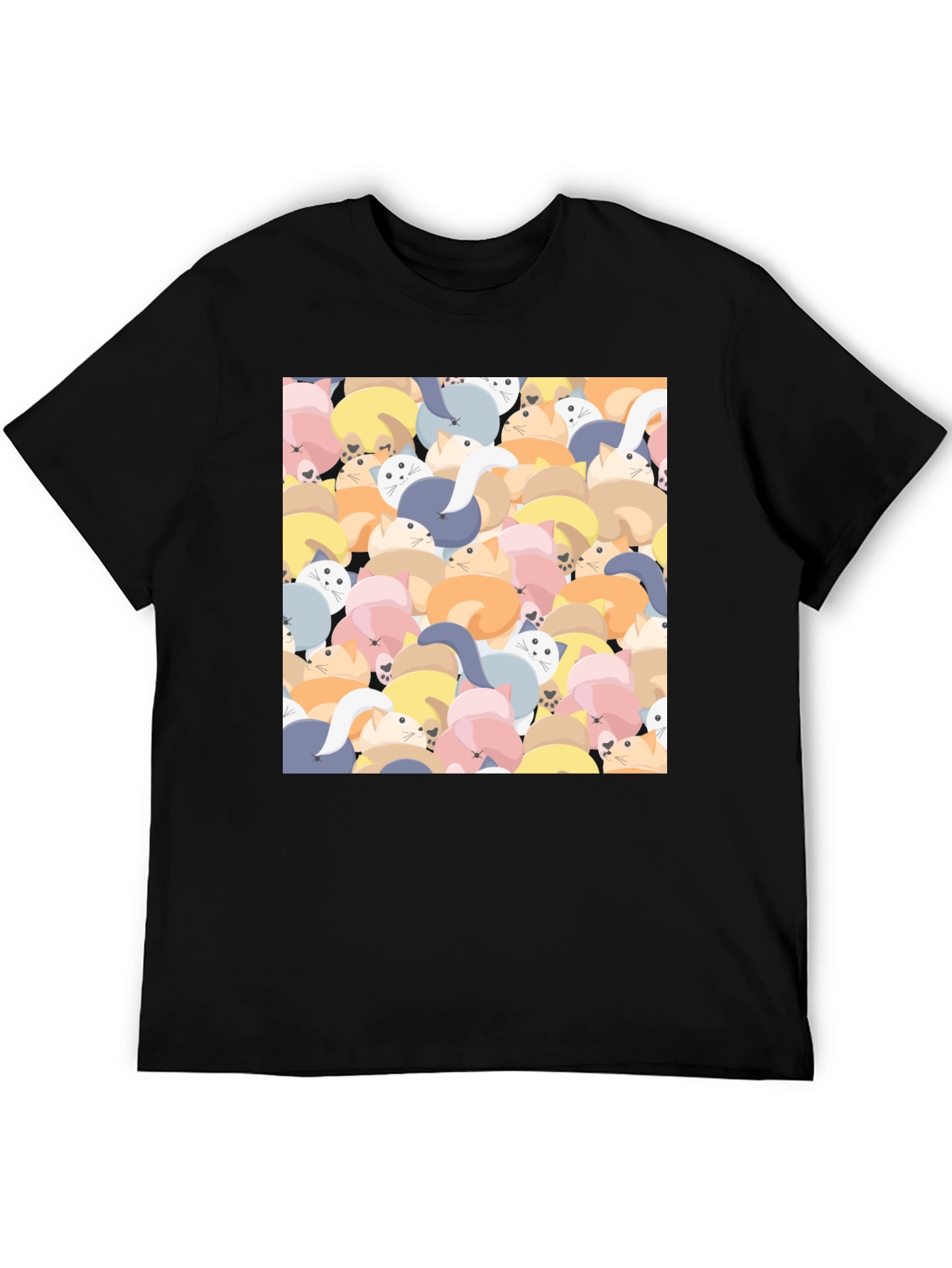Cute Cat Print Black T-Shirt