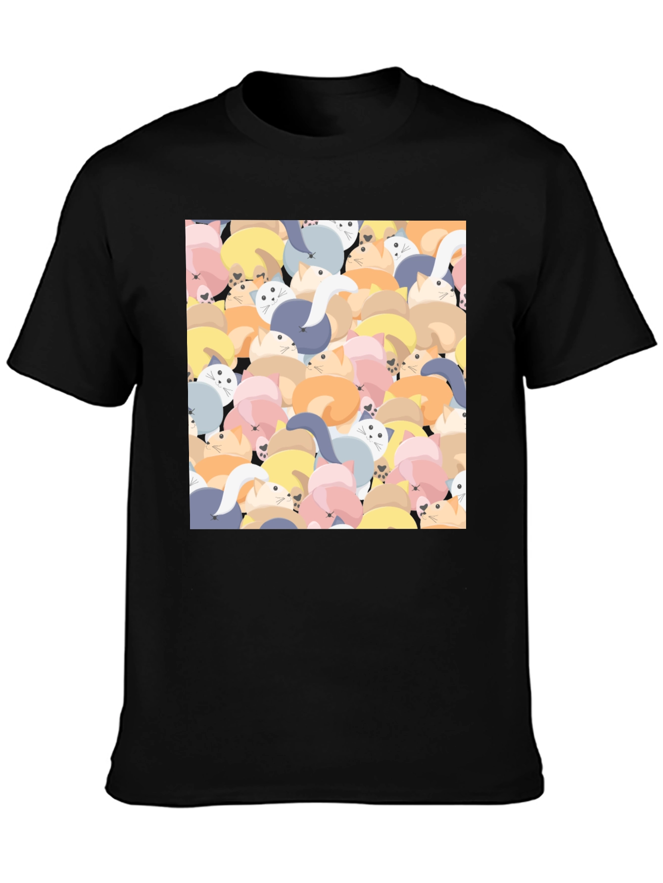 Cute Cat Print Black T-Shirt