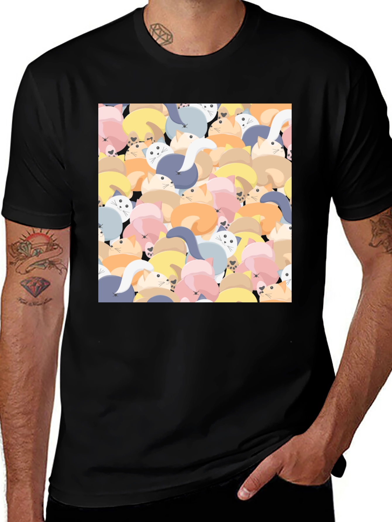 Cute Cat Print Black T-Shirt
