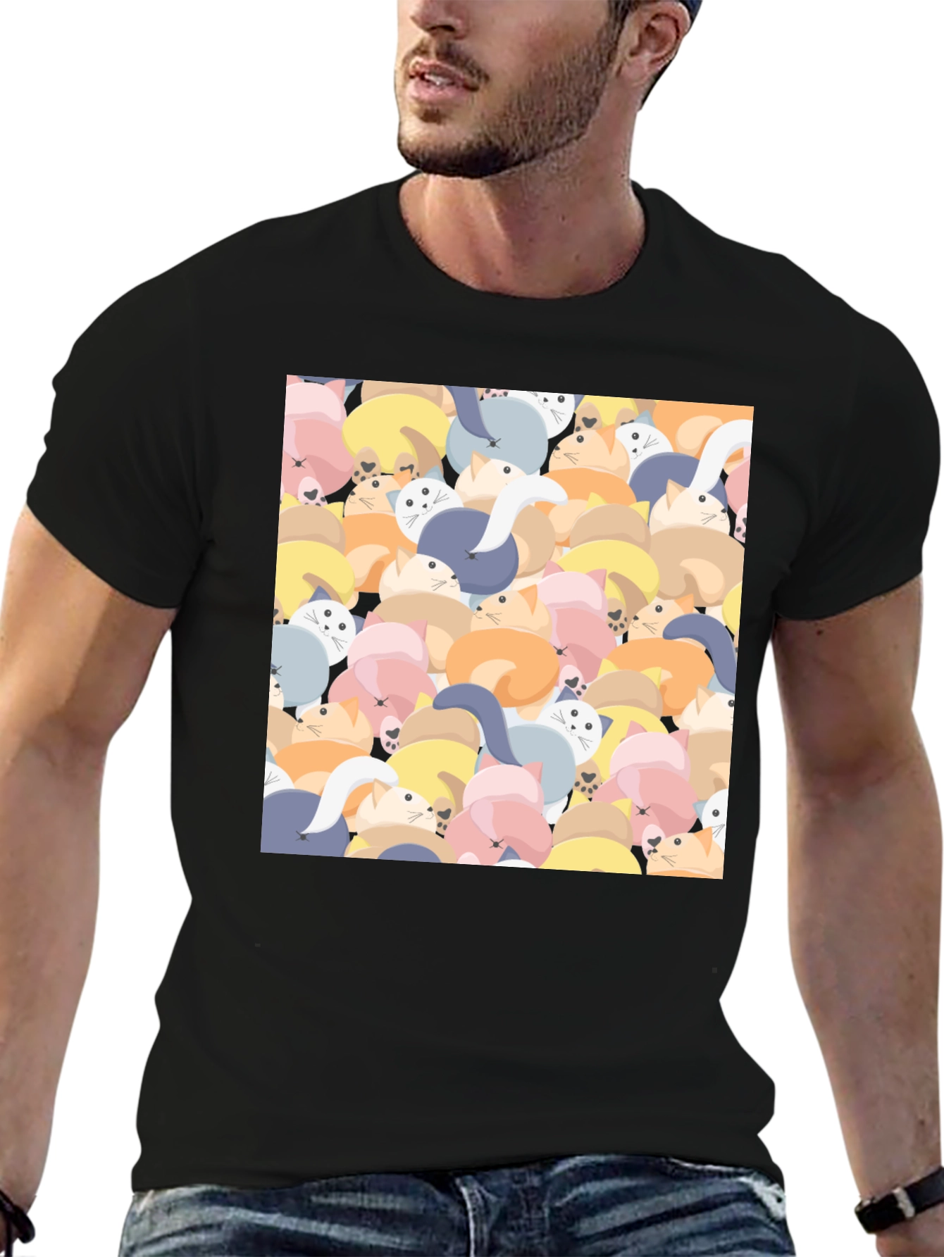 Cute Cat Print Black T-Shirt