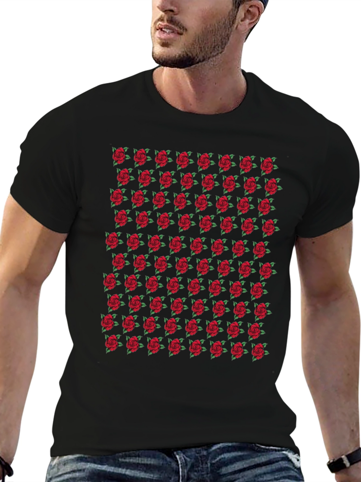 Rose Pattern Black T-Shirt