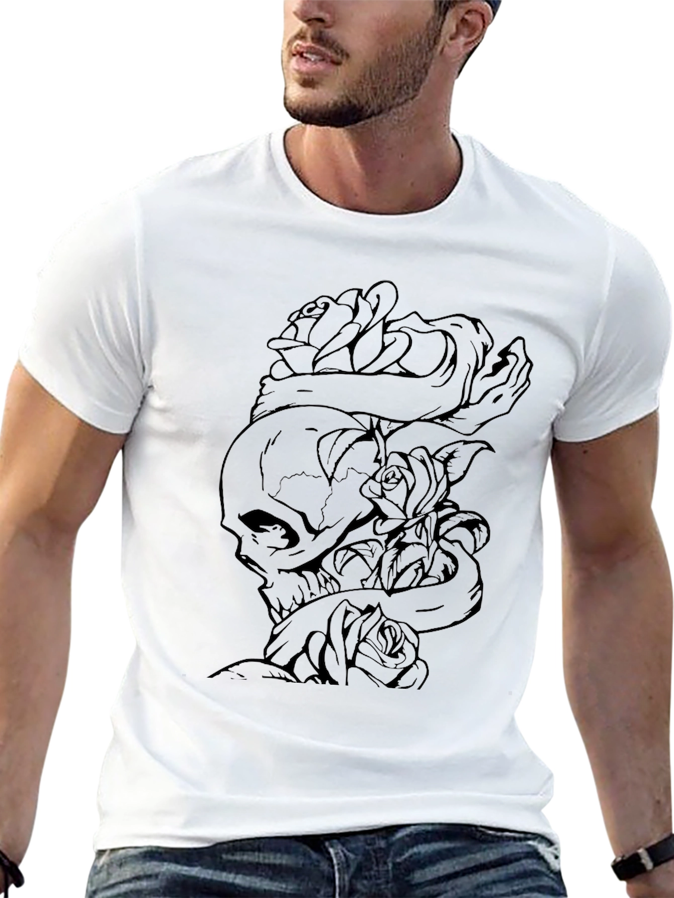 Skull & Roses Graphic Tee - Black Cotton T-Shirt