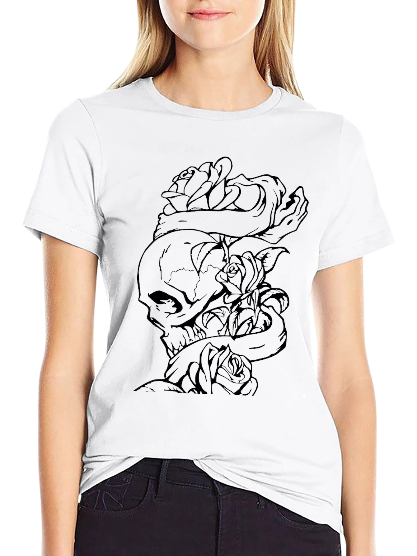 Skull & Roses Graphic Tee - Black Cotton T-Shirt