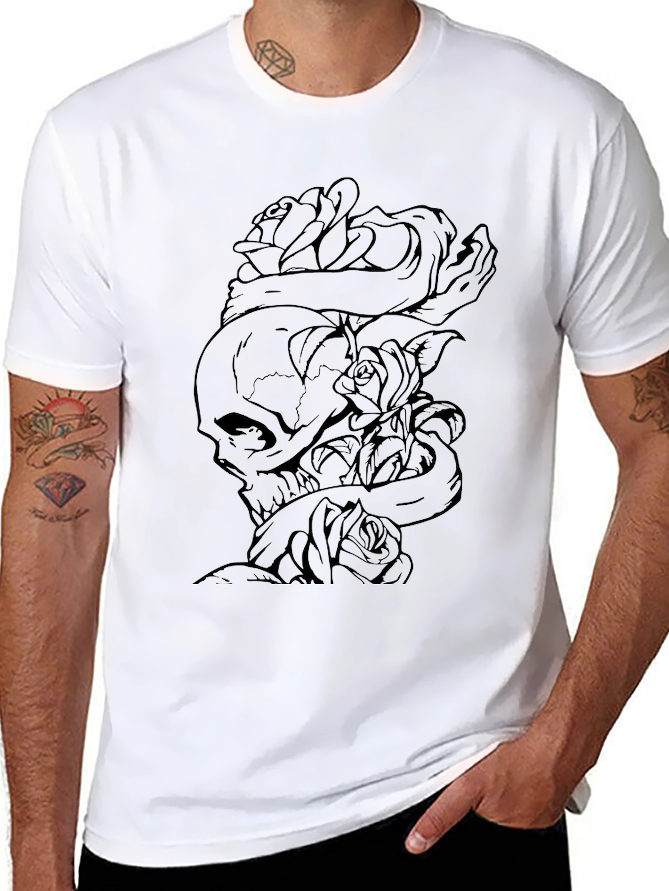Skull & Roses Graphic Tee - Black Cotton T-Shirt