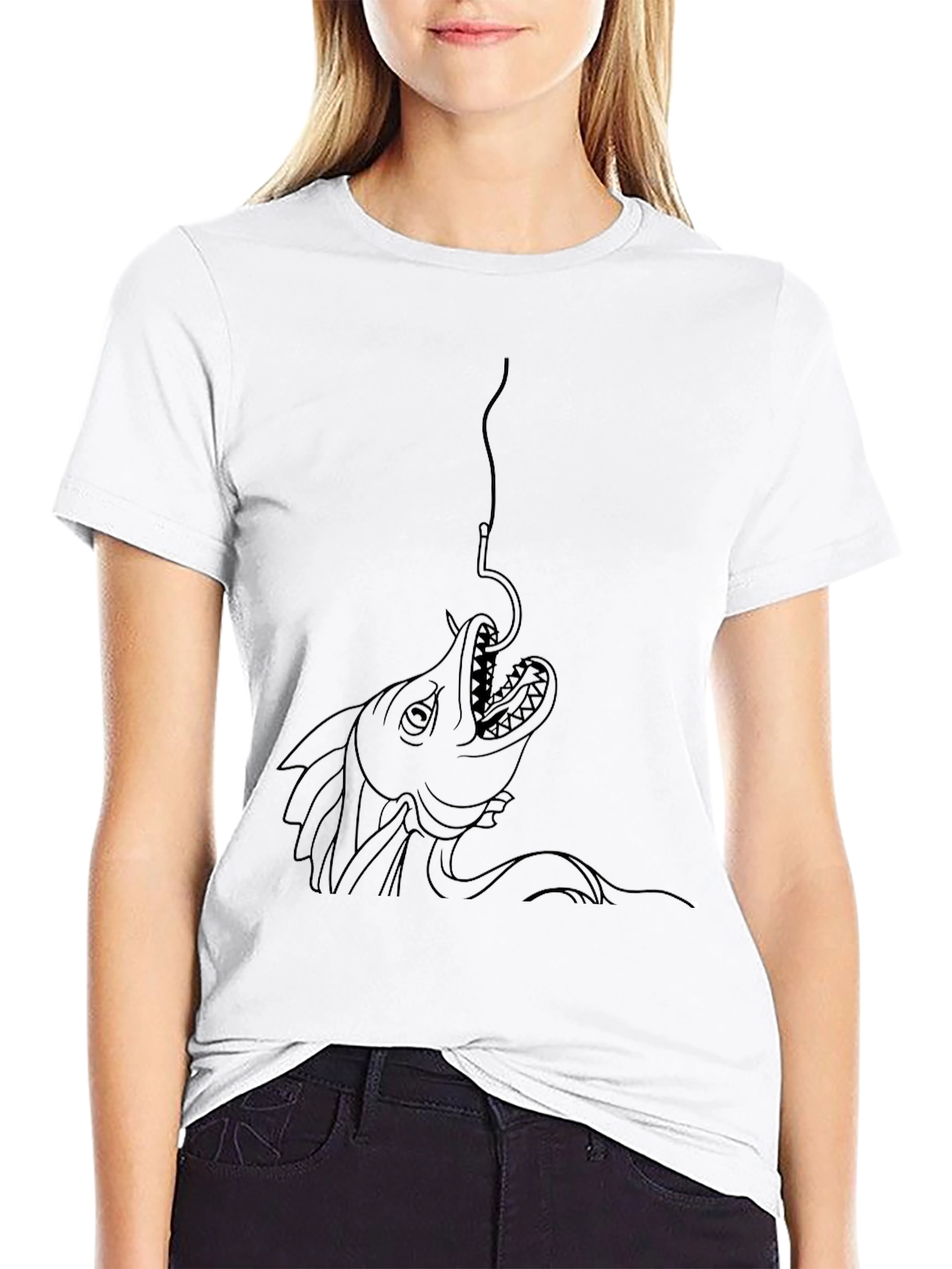 Black T-Shirt with Fish Hook Graphic Print