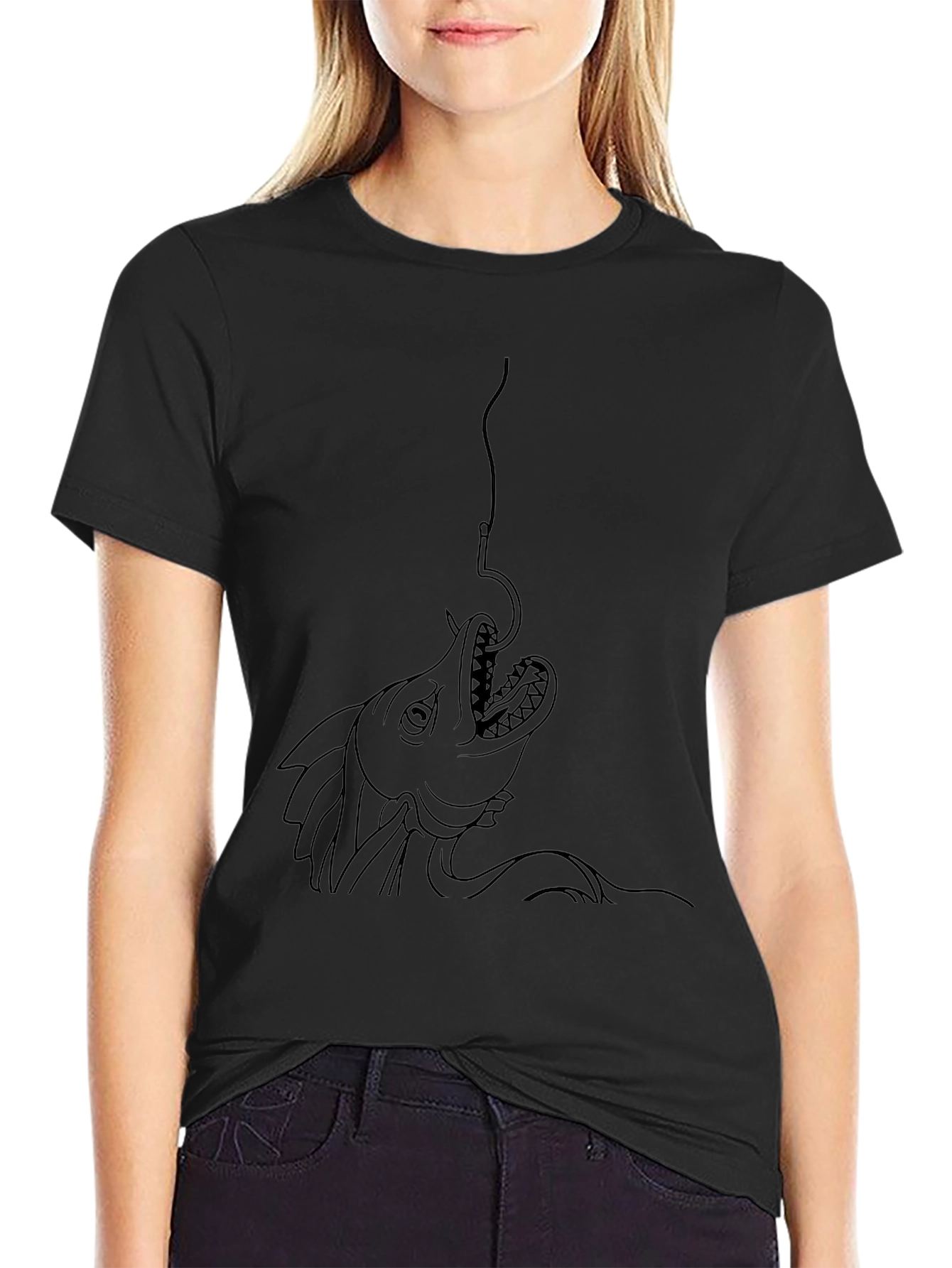 Black T-Shirt with Fish Hook Graphic Print