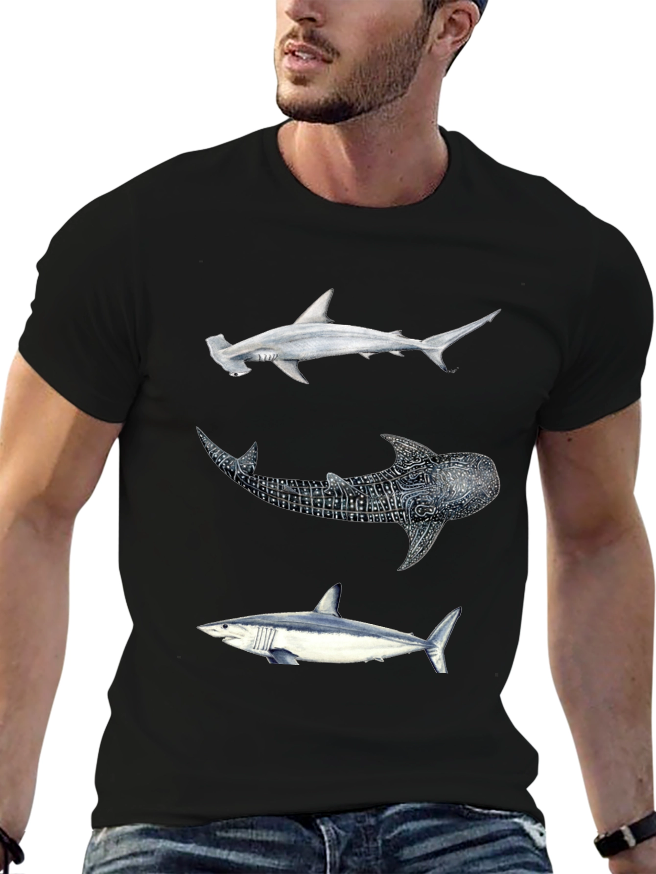 Shark Trio Graphic Tee - Black Cotton T-Shirt