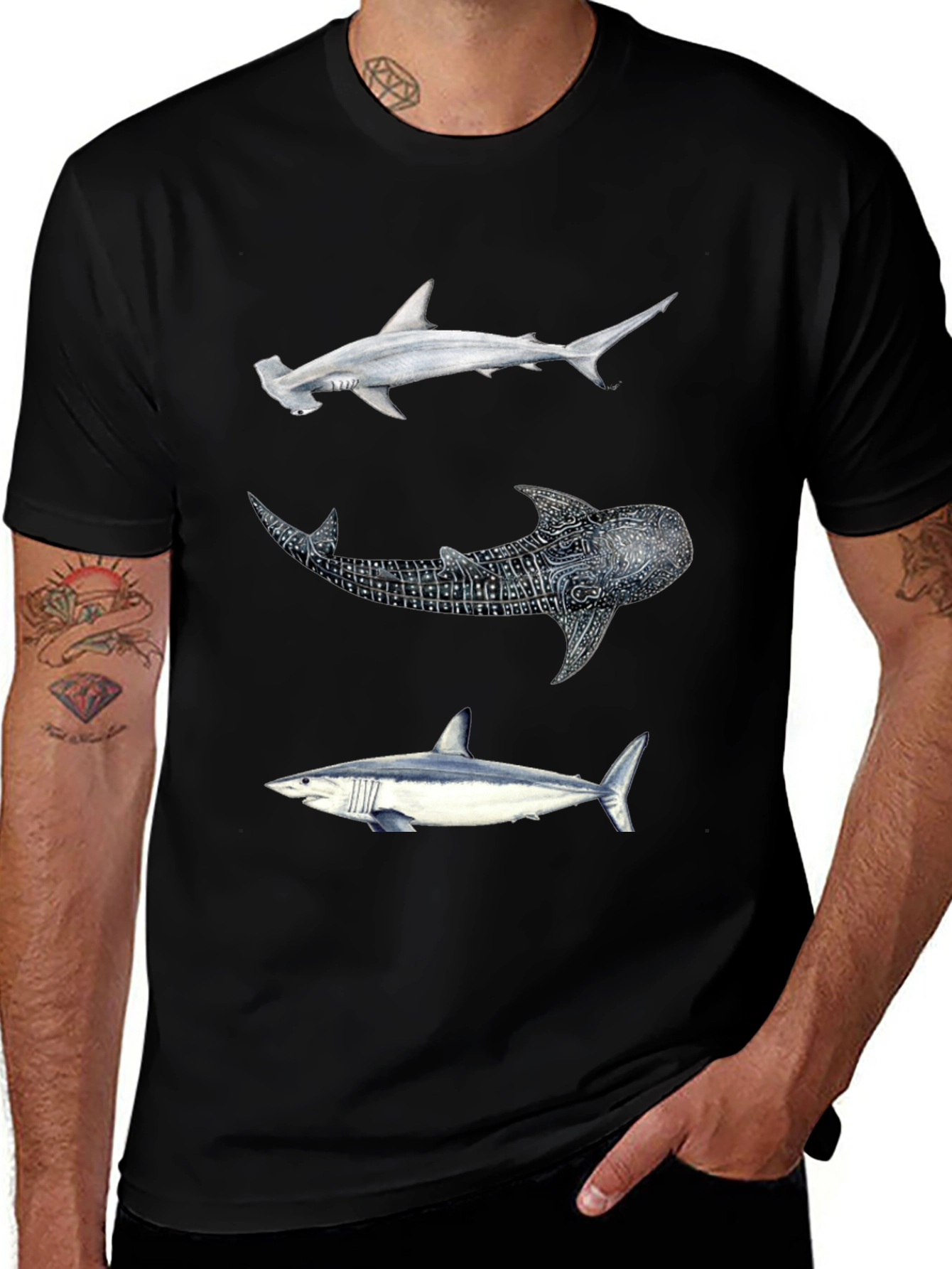 Shark Trio Graphic Tee - Black Cotton T-Shirt