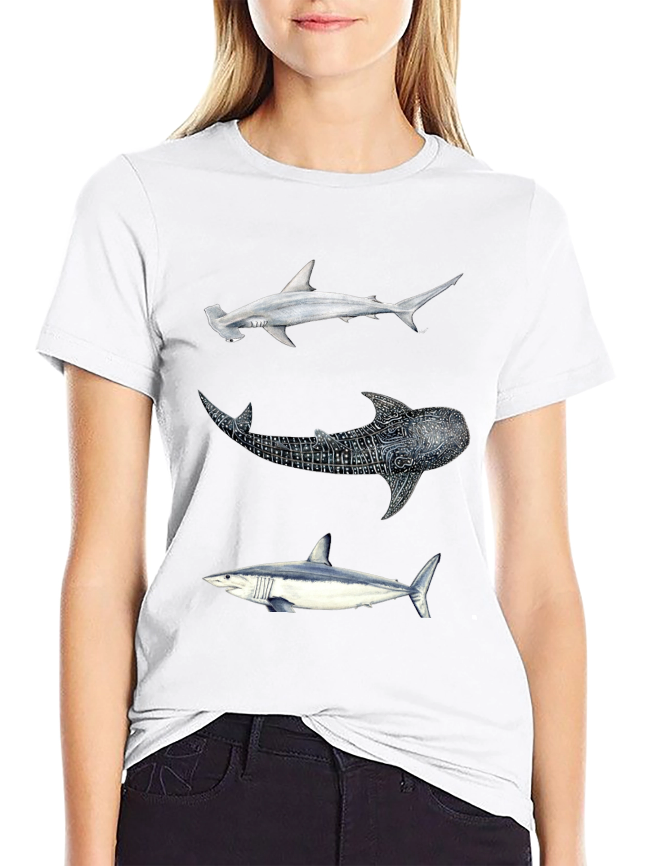 Shark Trio Graphic Tee - Black Cotton T-Shirt