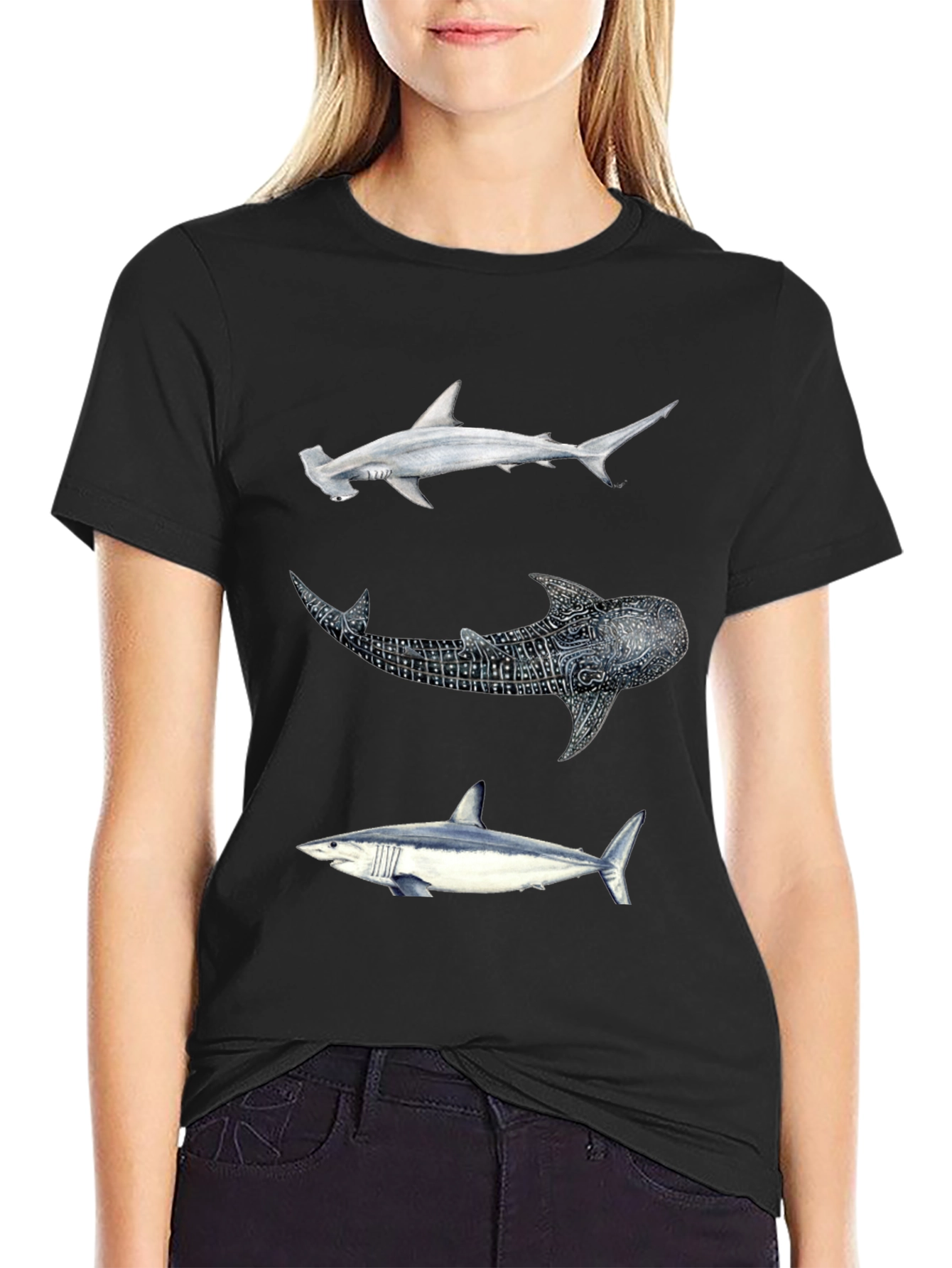 Shark Trio Graphic Tee - Black Cotton T-Shirt
