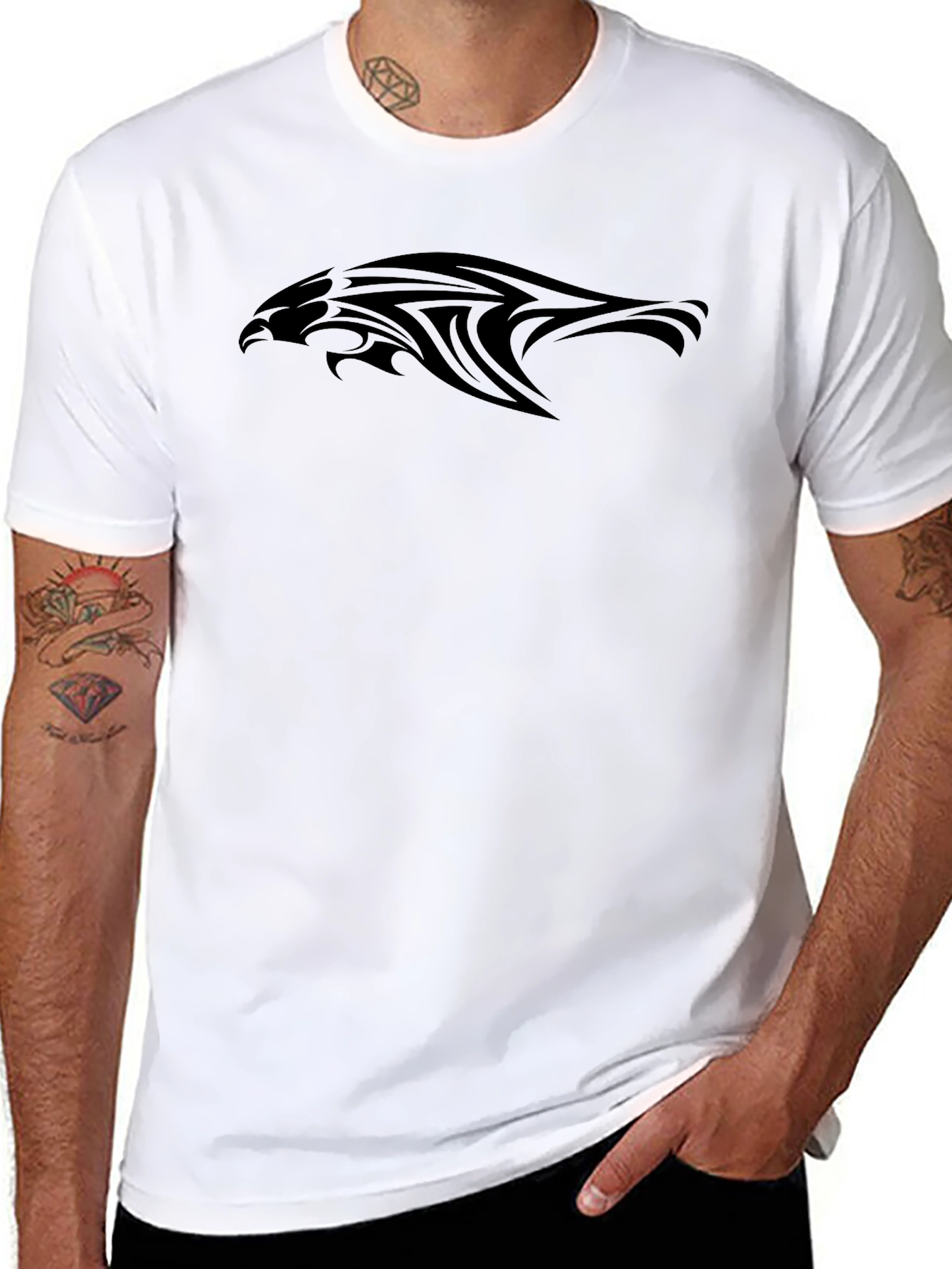 Mens Black Graphic Tee - Tribal Hawk Design
