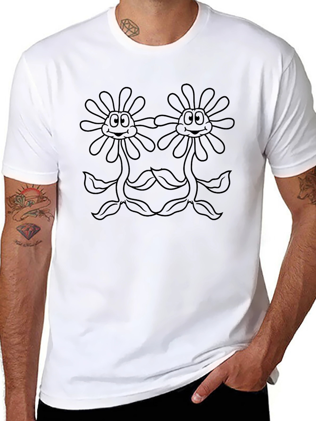 Black T-Shirt with Two Flower Cartoon Design