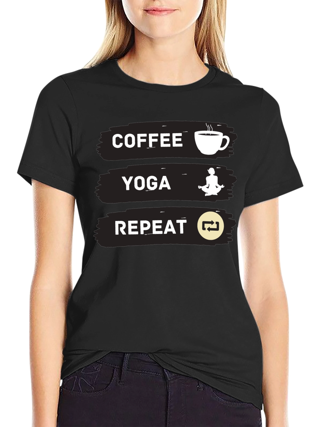 Coffee Yoga Repeat Graphic Tee - Black Casual T-Shirt