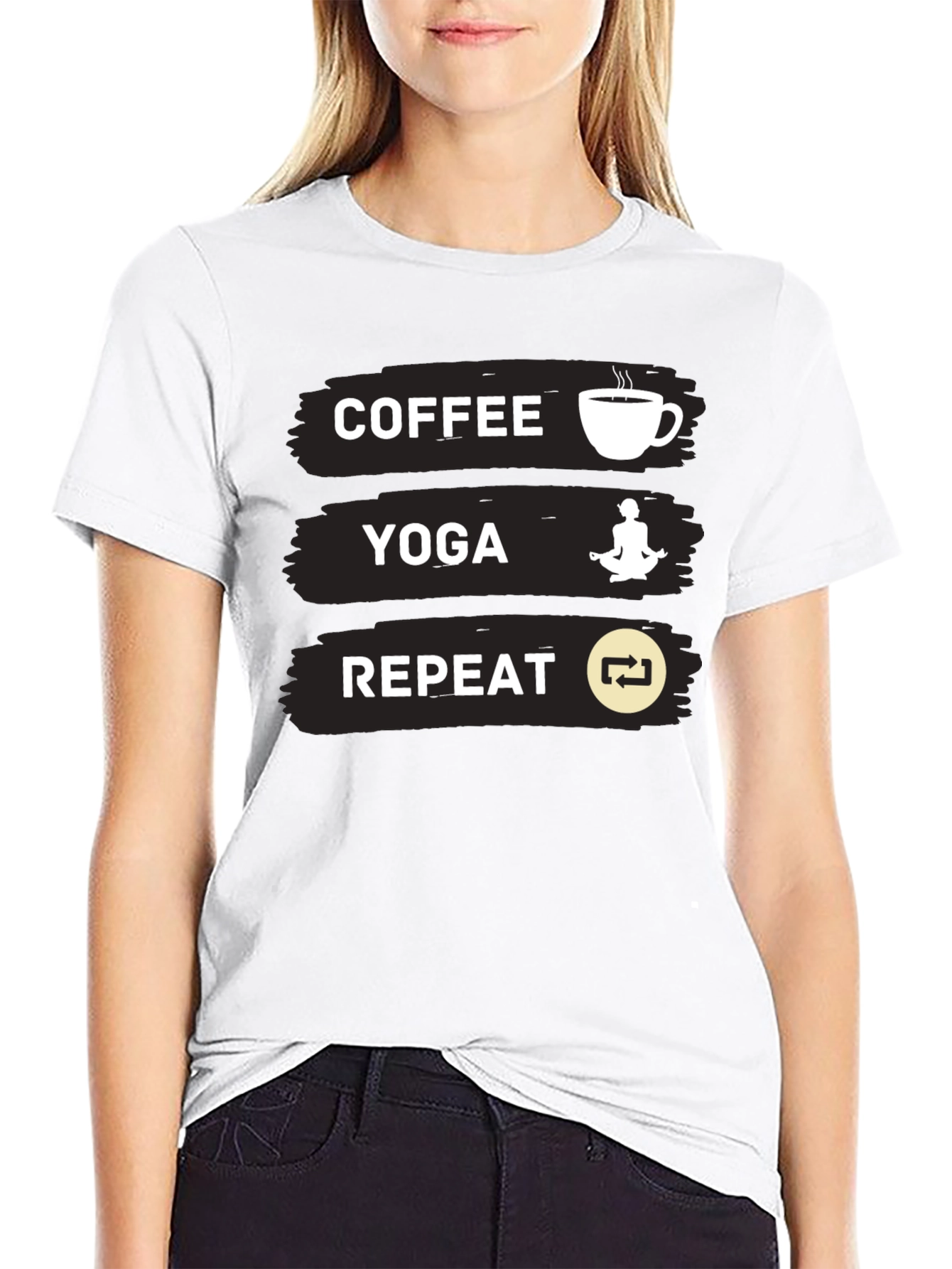 Coffee Yoga Repeat Graphic Tee - Black Casual T-Shirt