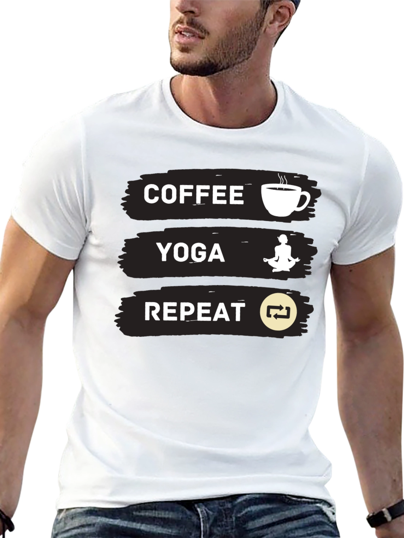 Coffee Yoga Repeat Graphic Tee - Black Casual T-Shirt