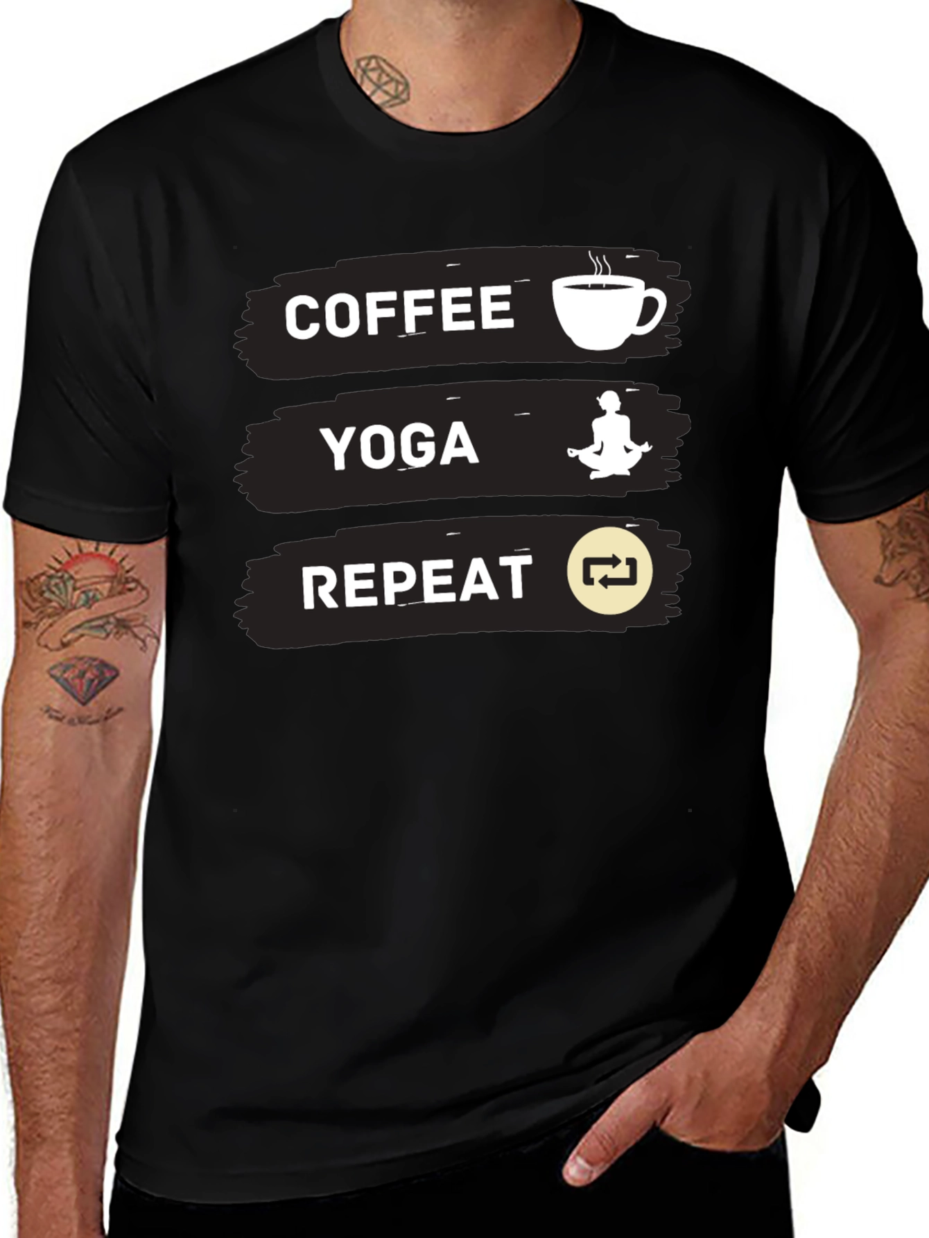 Coffee Yoga Repeat Graphic Tee - Black Casual T-Shirt