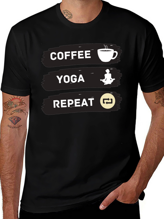 Coffee Yoga Repeat Graphic Tee - Black Casual T-Shirt