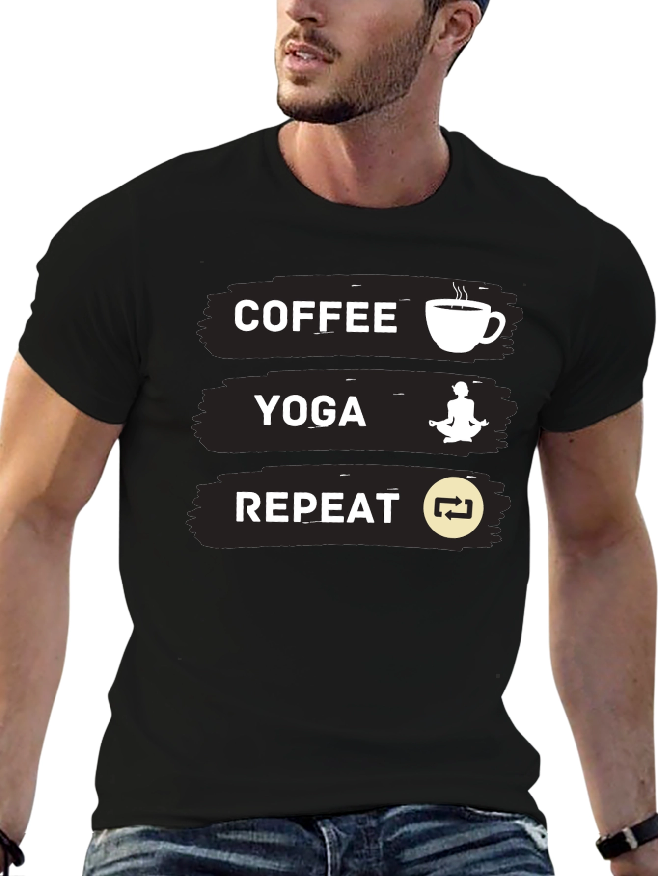 Coffee Yoga Repeat Graphic Tee - Black Casual T-Shirt