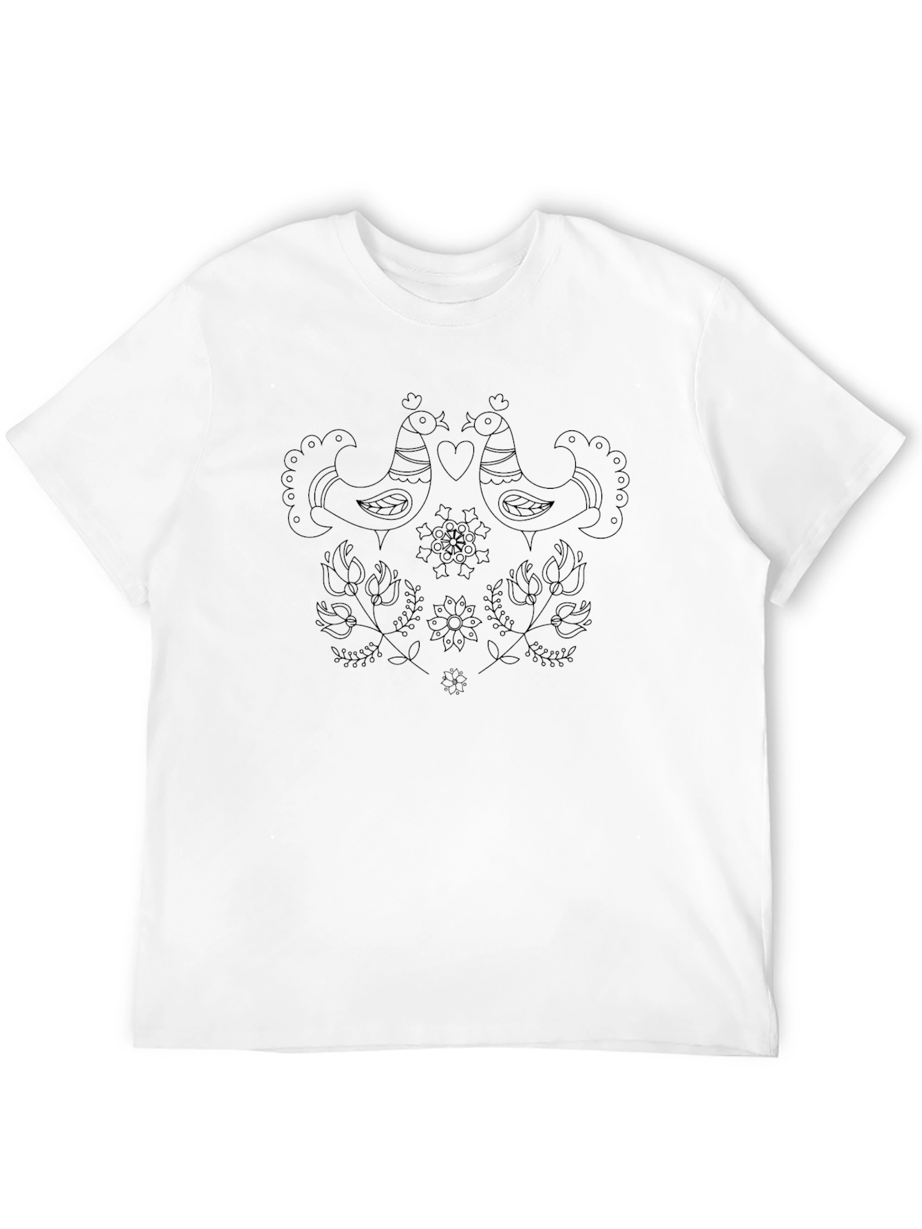 Whimsical Bird & Floral Print Black T-Shirt