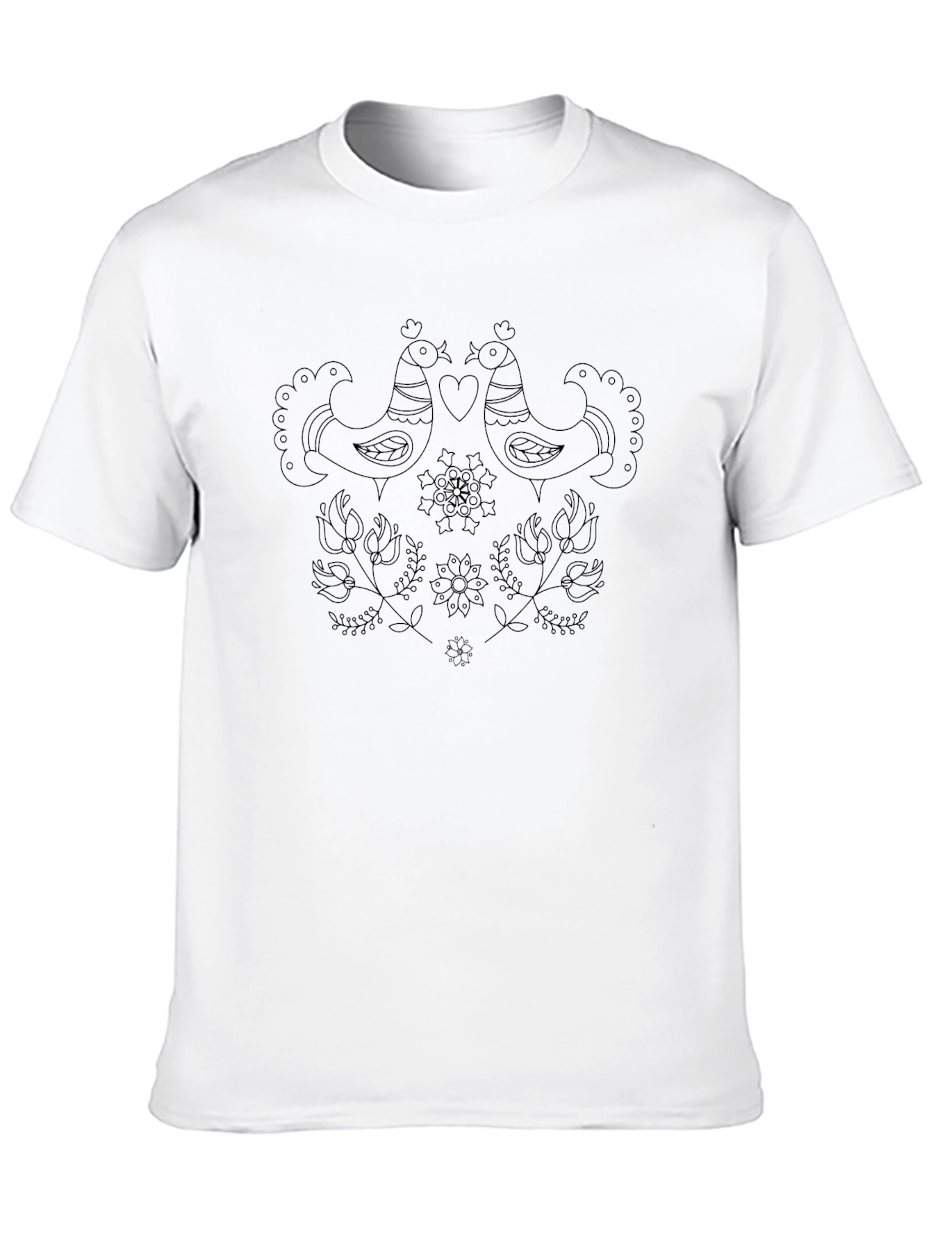 Whimsical Bird & Floral Print Black T-Shirt