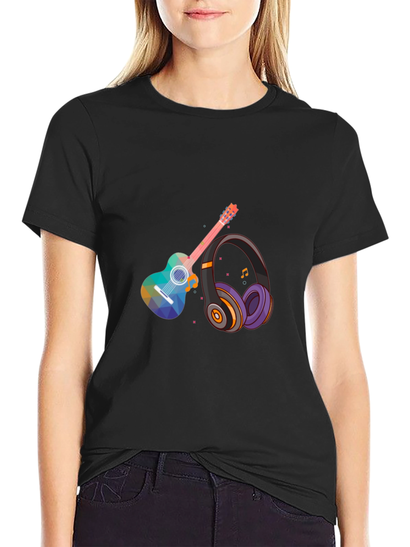 Music Lovers Tee: Geometric Guitar & Headphones Design