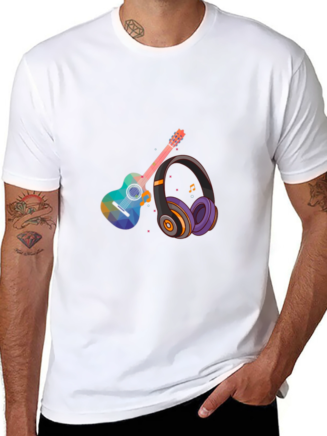 Music Lovers Tee: Geometric Guitar & Headphones Design