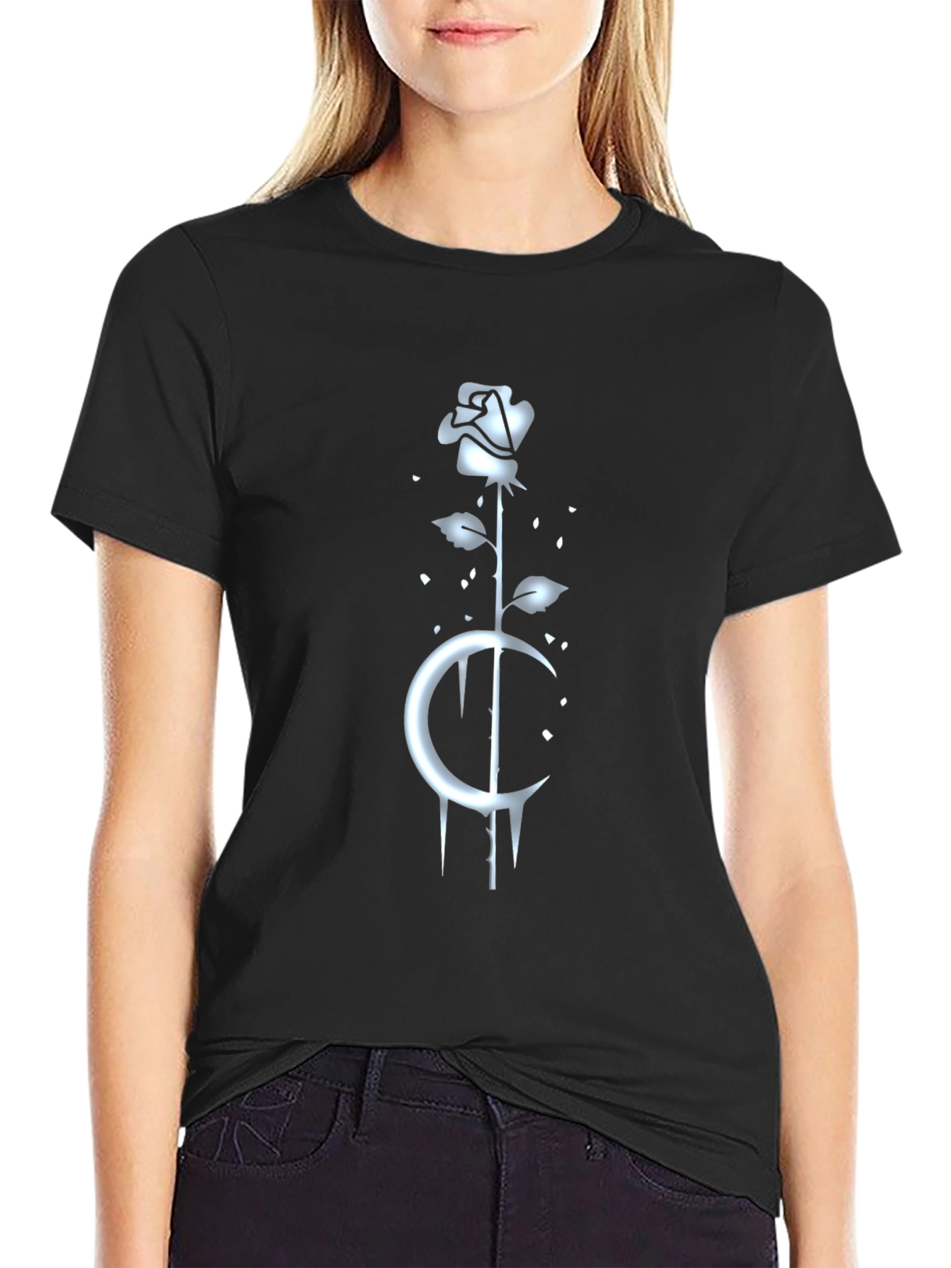 Rose and Moon Graphic Tee - Black