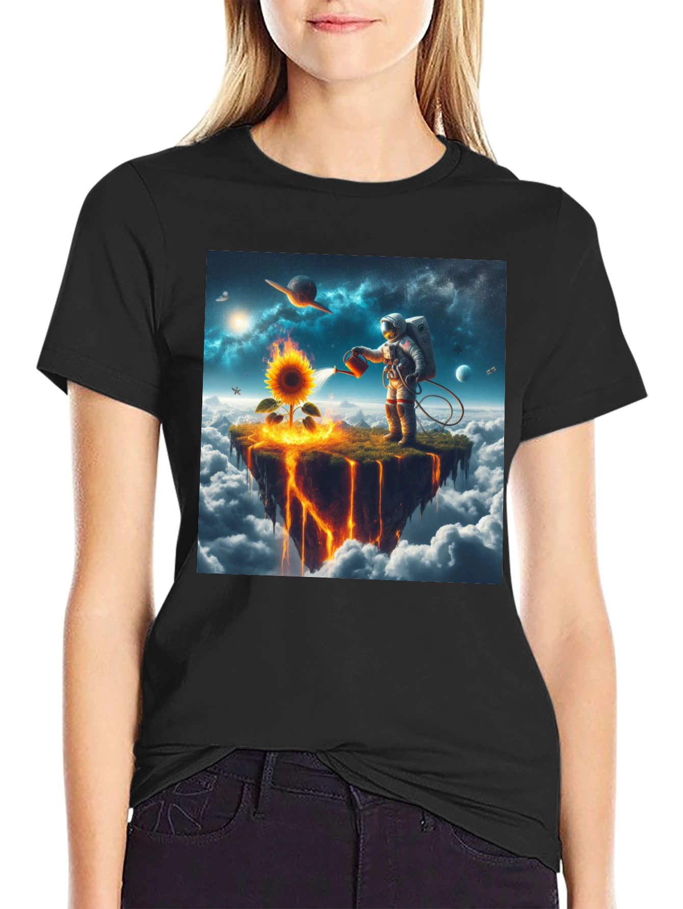 Astronaut Watering Sunflower Graphic Tee