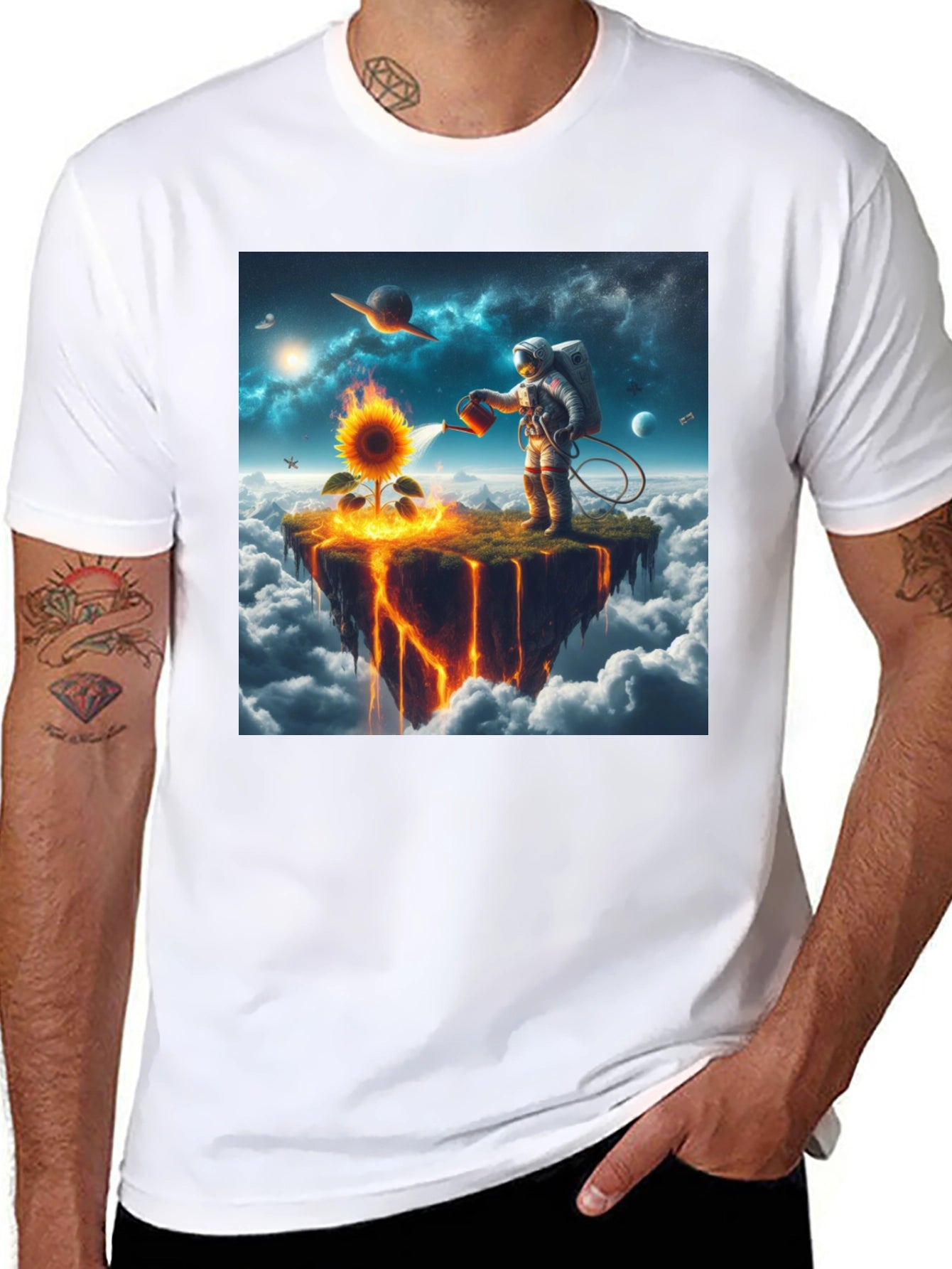 Astronaut Watering Sunflower Graphic Tee