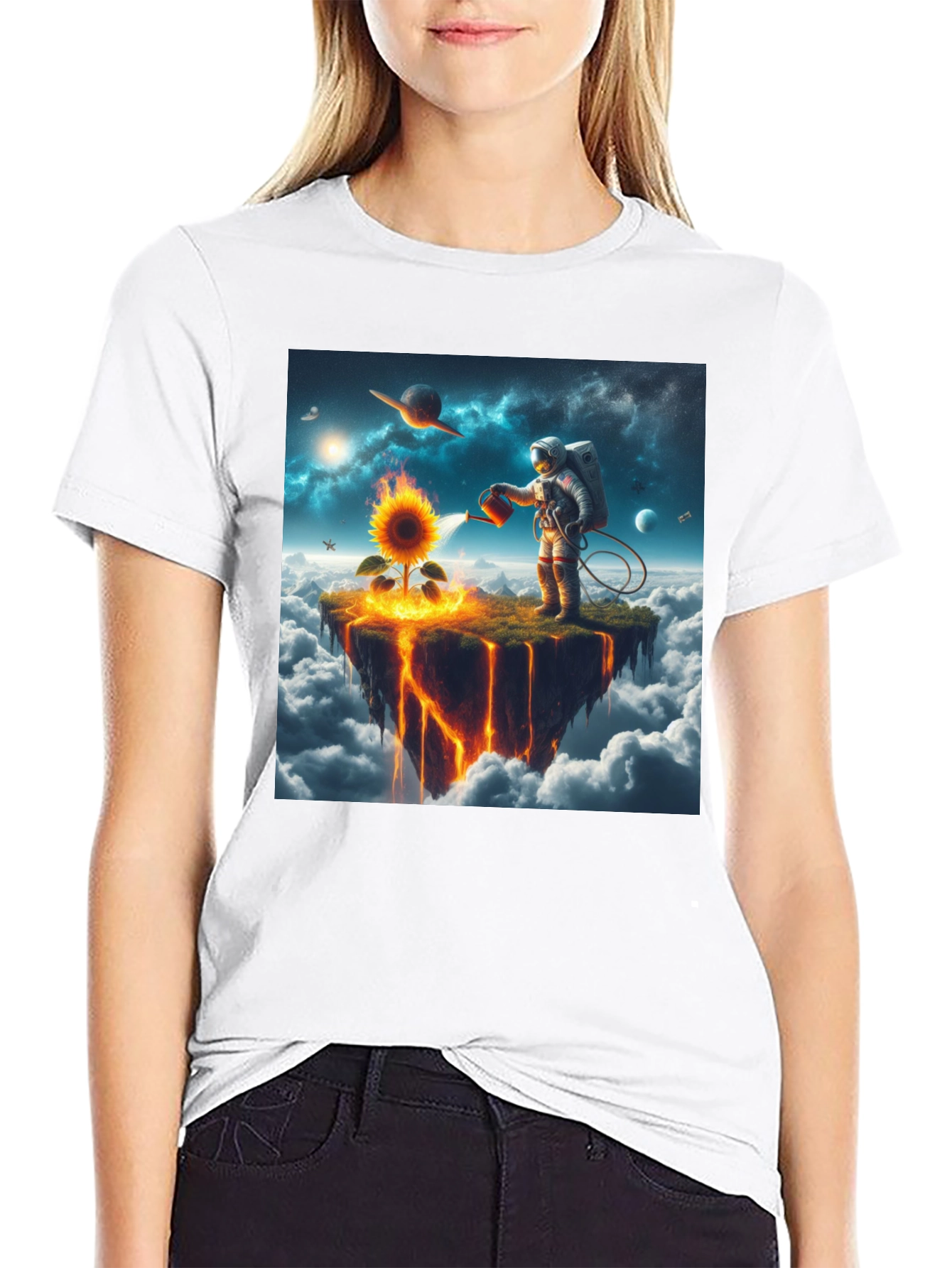 Astronaut Watering Sunflower Graphic Tee