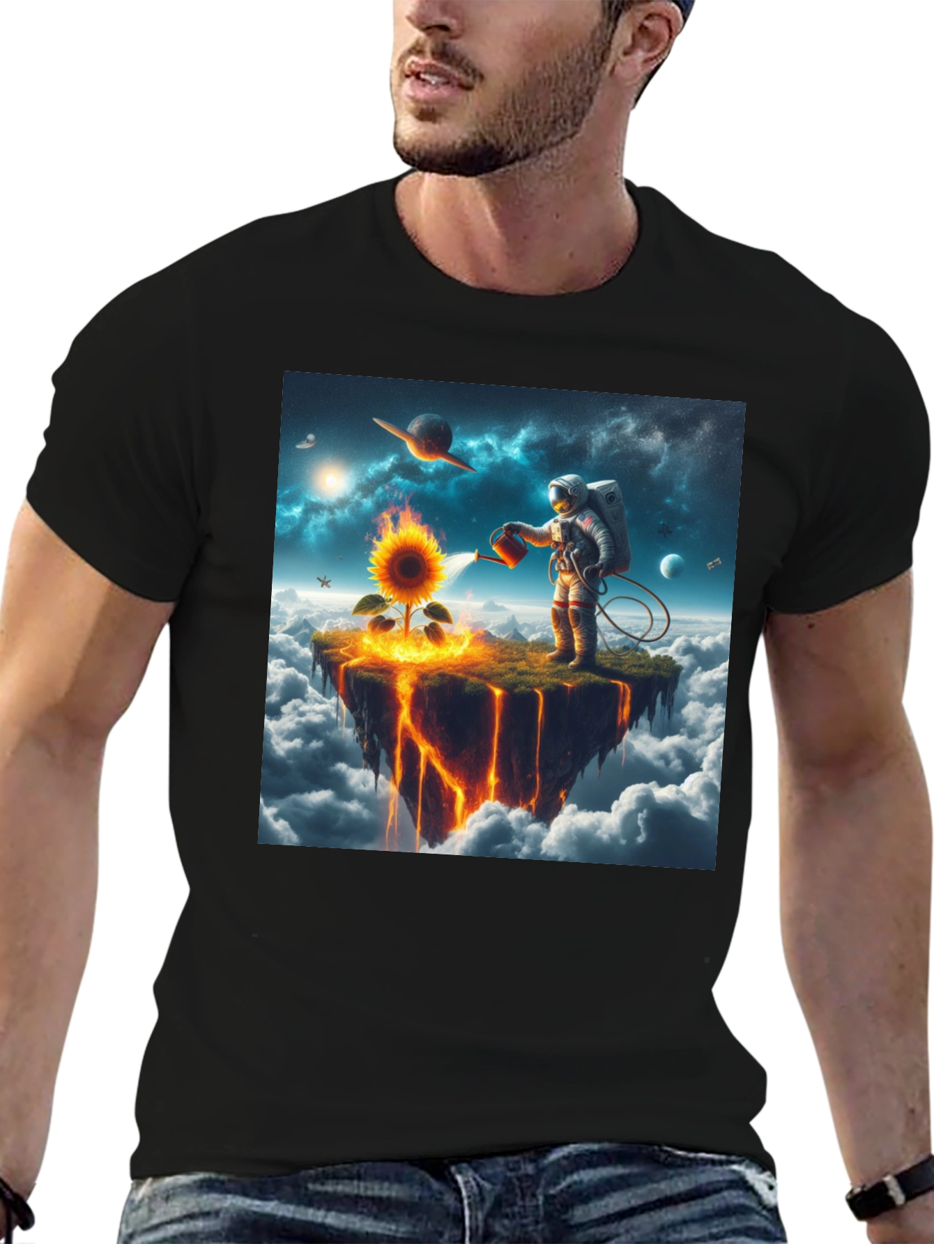 Astronaut Watering Sunflower Graphic Tee
