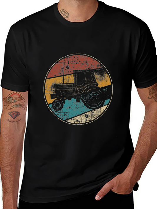 Retro Tractor Graphic Tee - Black Cotton Farm Shirt
