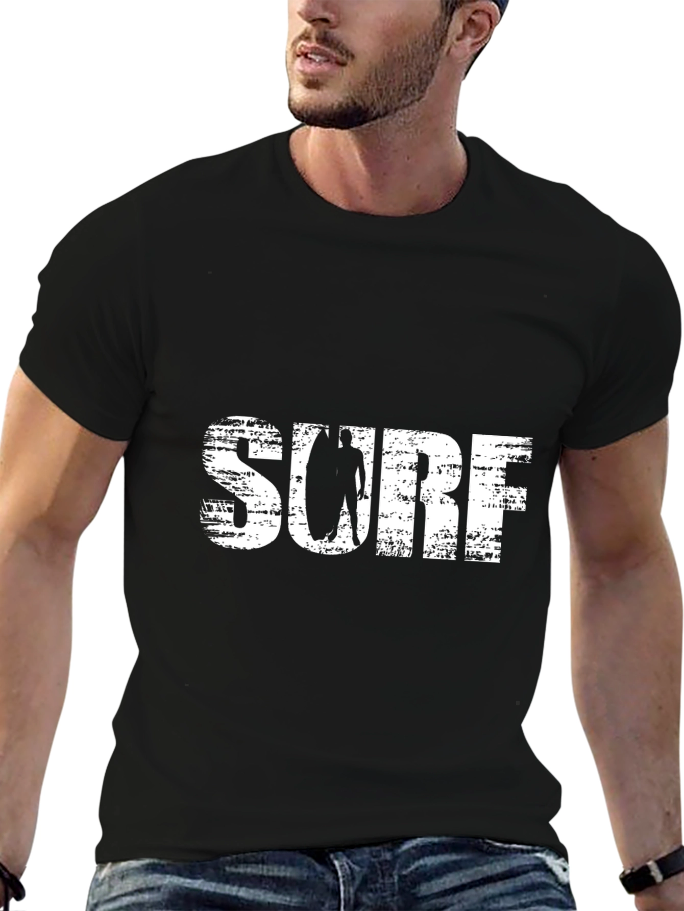 Surf T-Shirt - Black Cotton Tee with Graphic Print