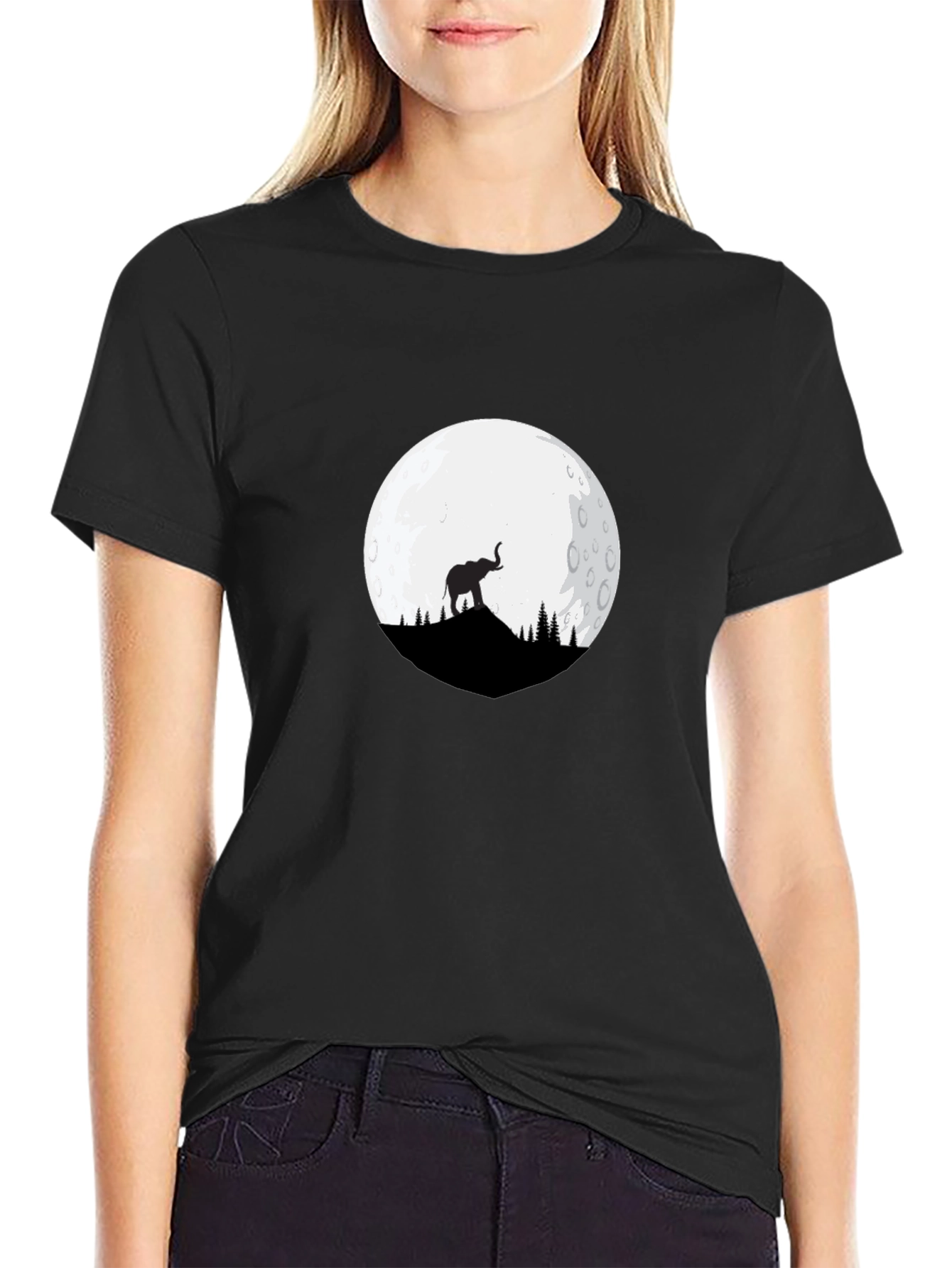 Elephant Moon Graphic Tee - Black Cotton Blend