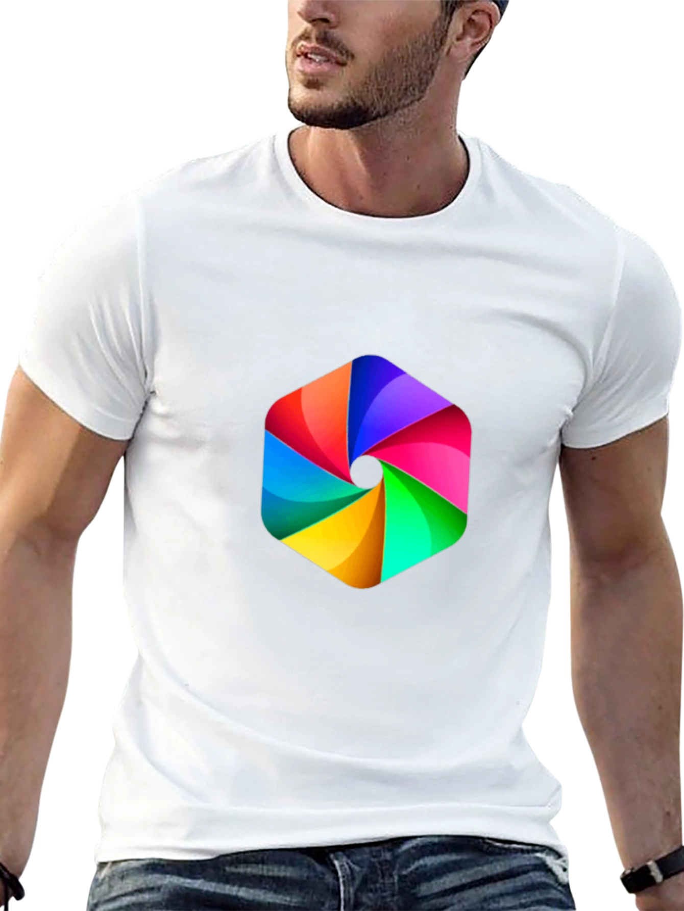 Mens Black Tee with Rainbow Hexagon Graphic